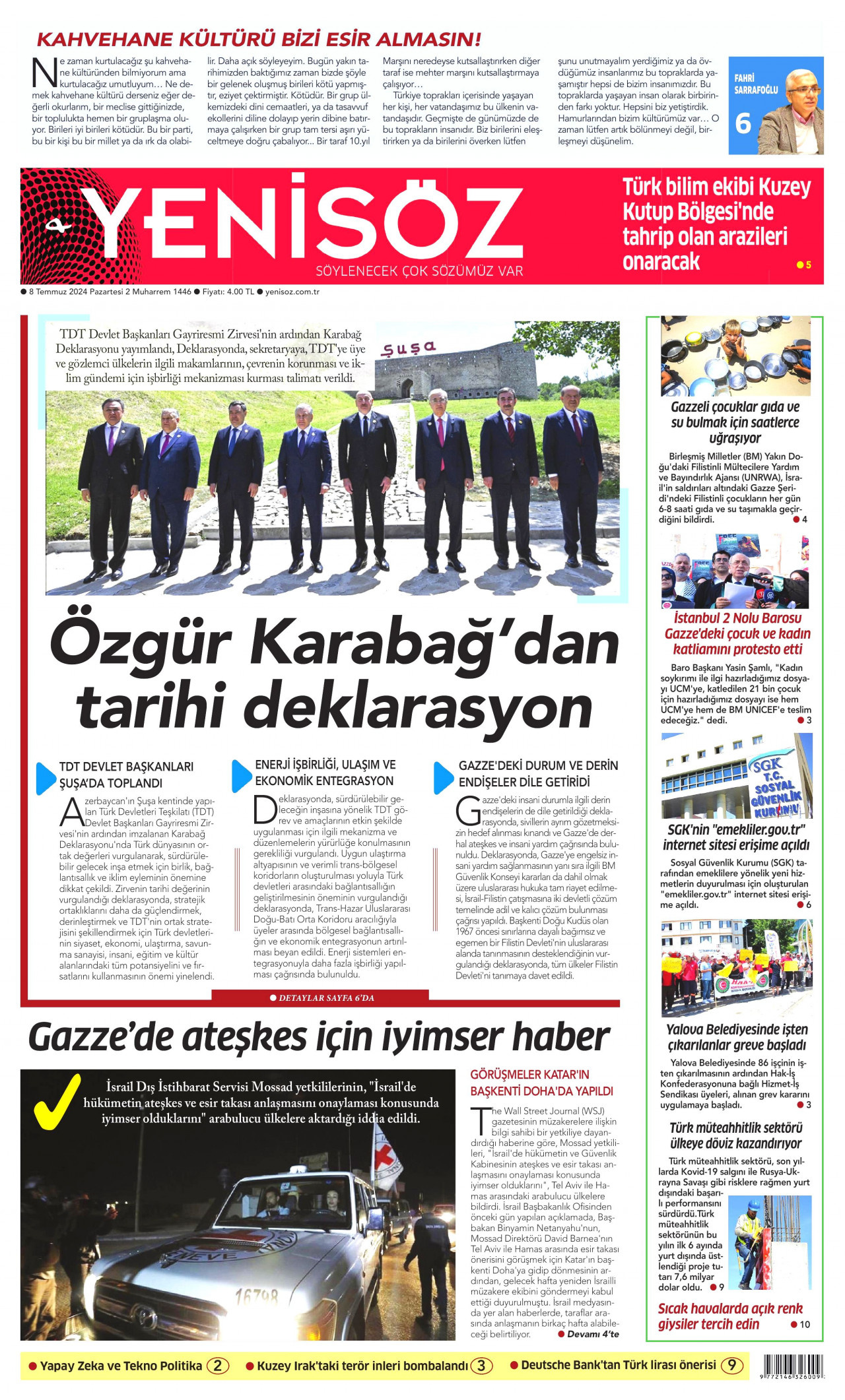 YENİ SÖZ GAZETESİ gazetesinin 8 Temmuz 2024 tarihli birinci sayfası