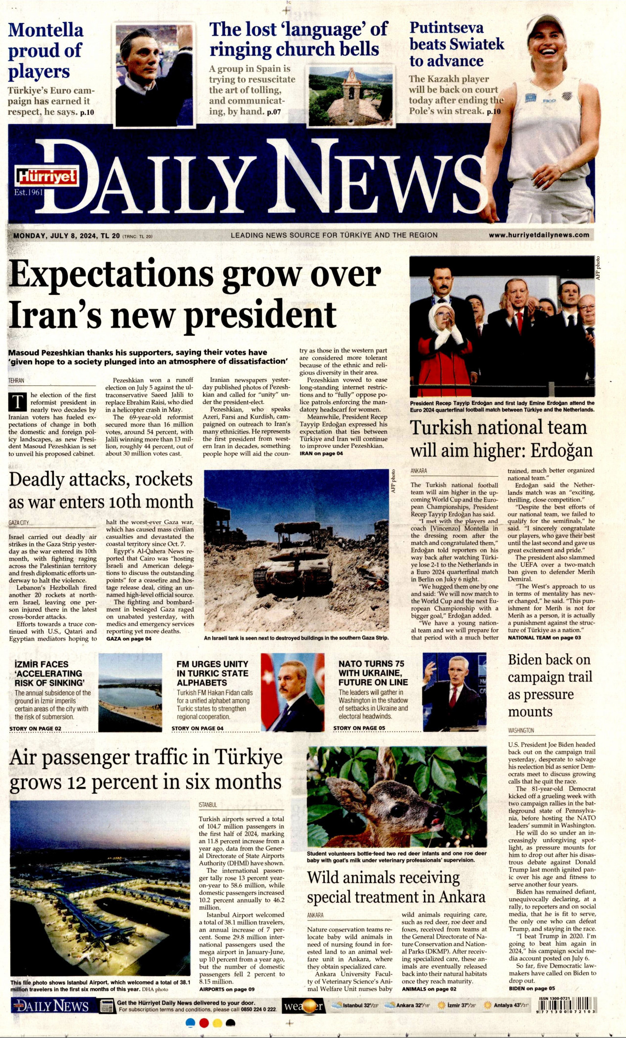 HÜRRİYET DAİLY NEWS gazetesinin 8 Temmuz 2024 tarihli birinci sayfası