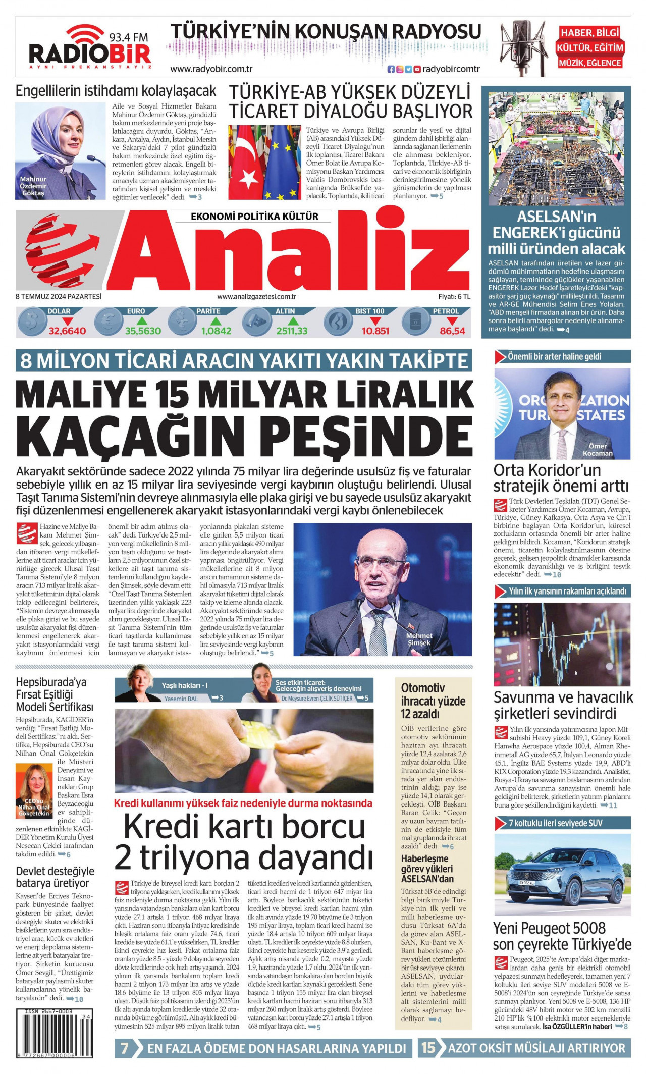 ANALİZ gazetesinin 8 Temmuz 2024 tarihli birinci sayfası