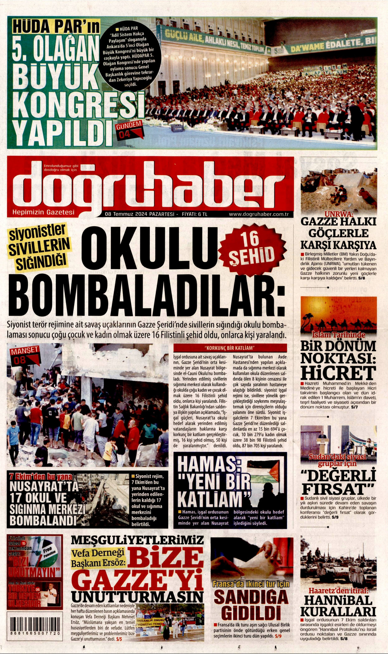 DOĞRU HABER gazetesinin 8 Temmuz 2024 tarihli birinci sayfası