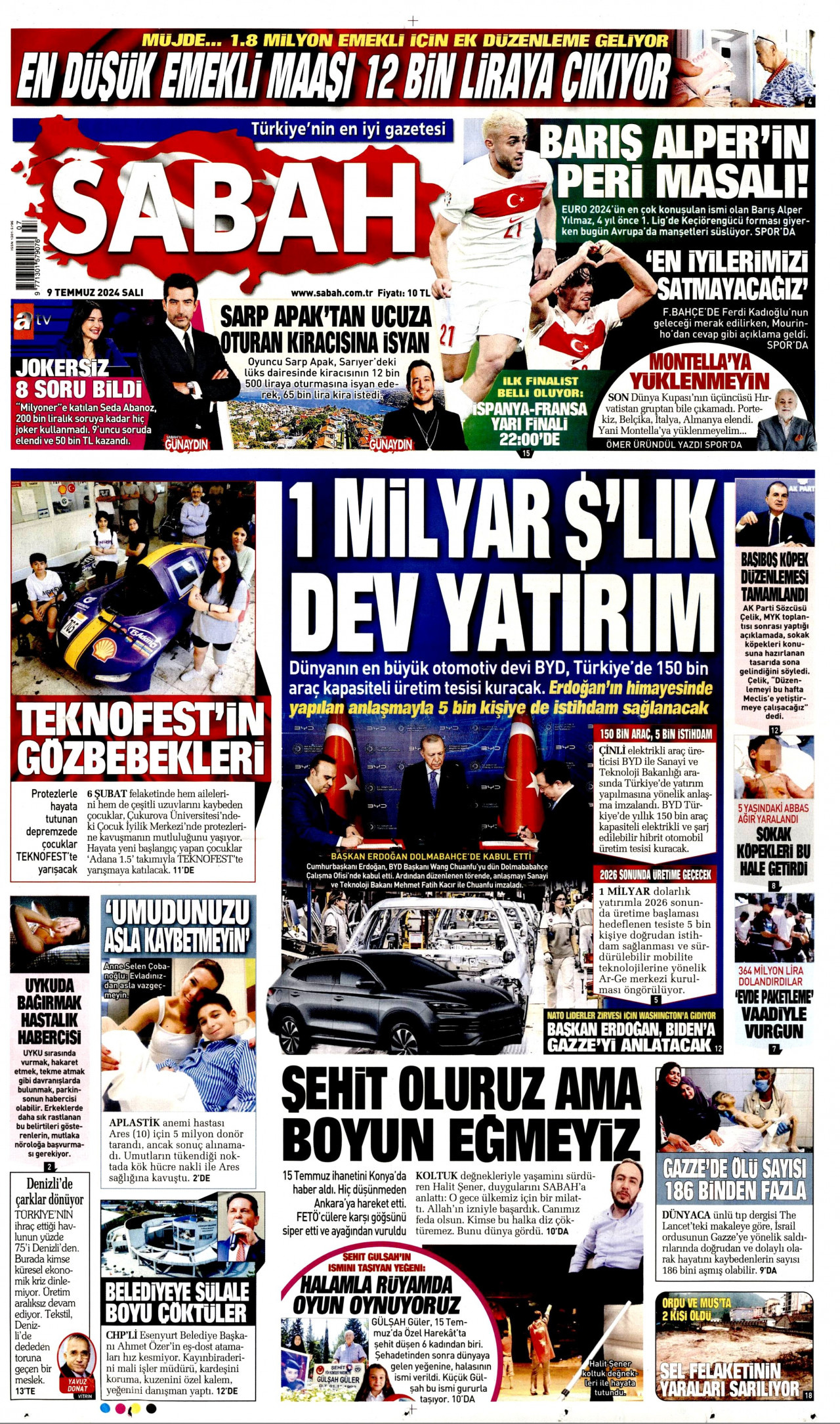 SABAH gazetesinin 9 Temmuz 2024 tarihli birinci sayfası