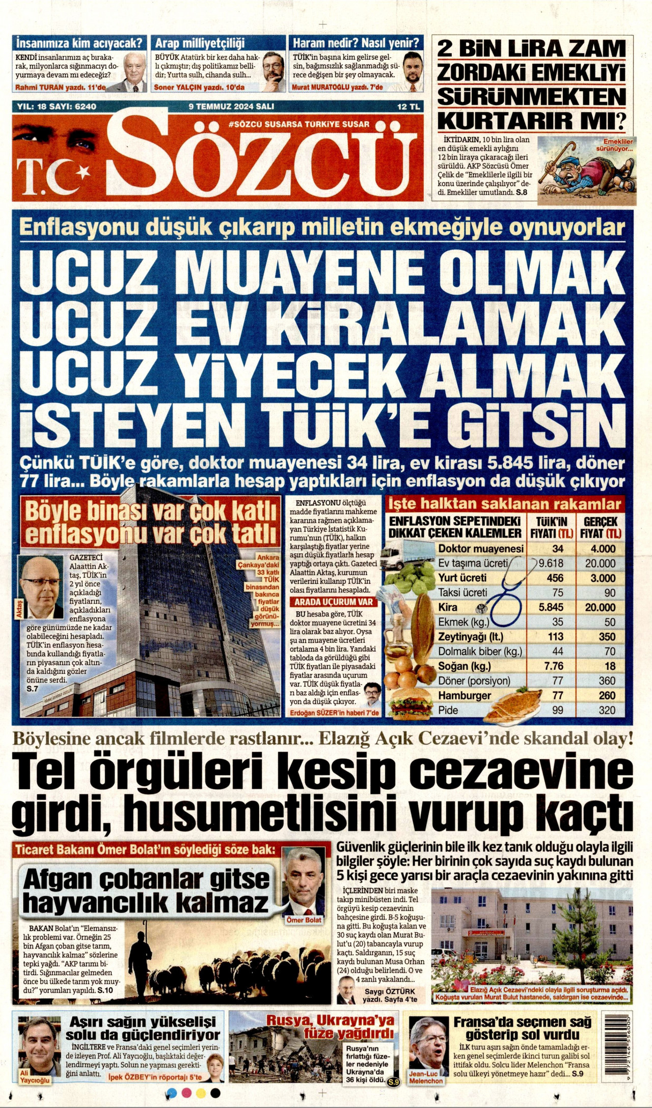 SÖZCÜ gazetesinin 9 Temmuz 2024 tarihli birinci sayfası
