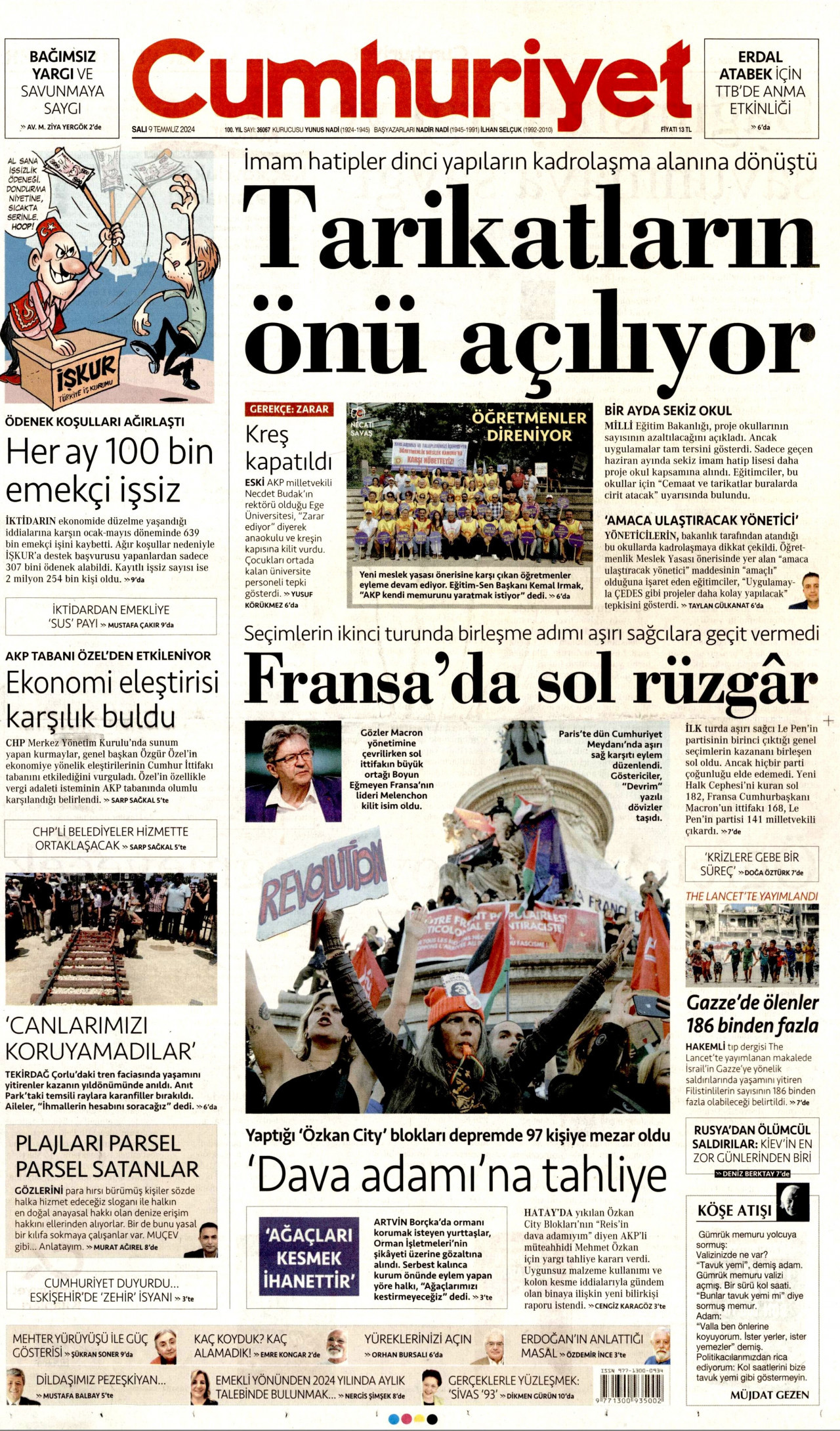 CUMHURİYET gazetesinin 9 Temmuz 2024 tarihli birinci sayfası