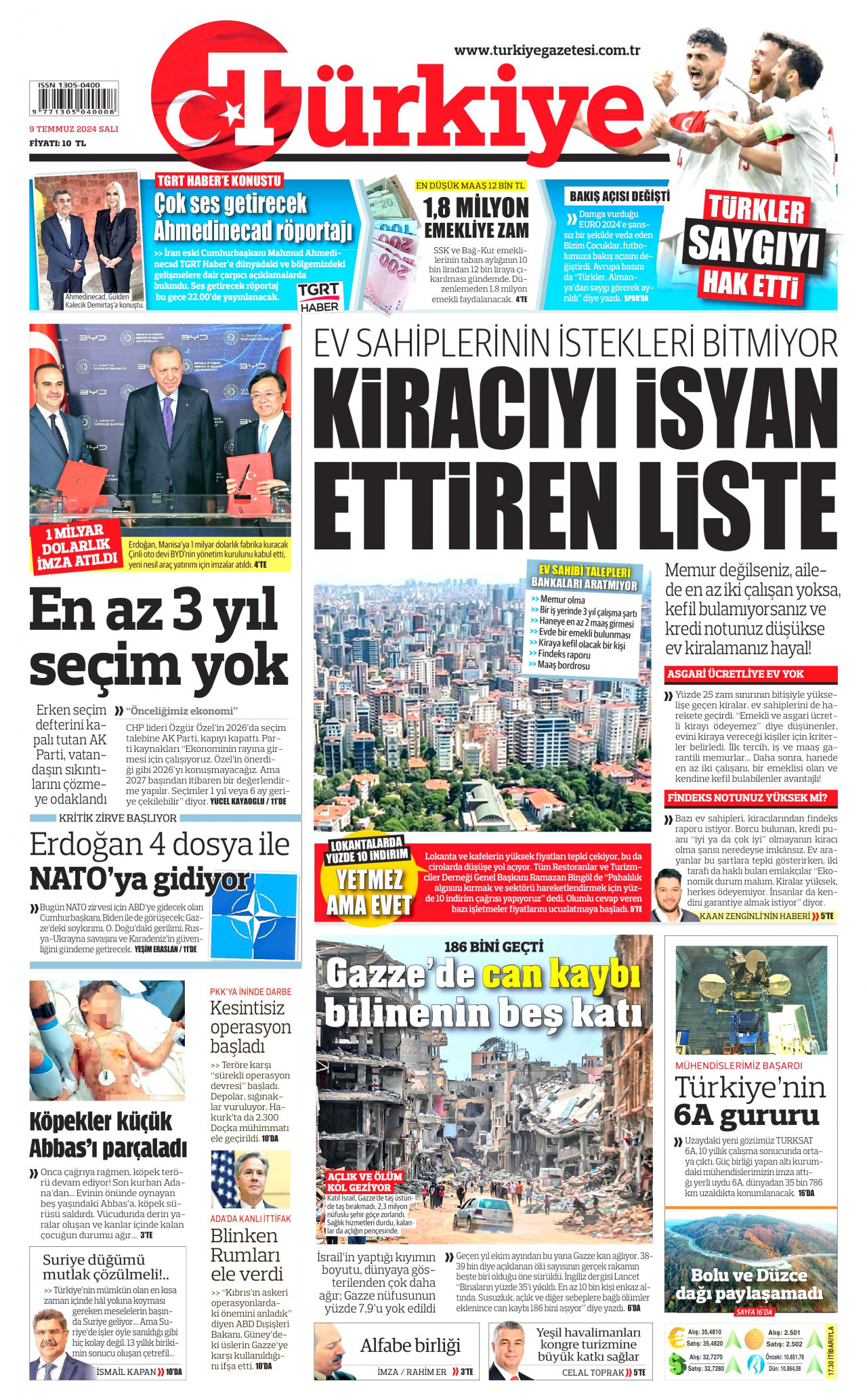 TÜRKİYE GAZETESİ gazetesinin 9 Temmuz 2024 tarihli birinci sayfası