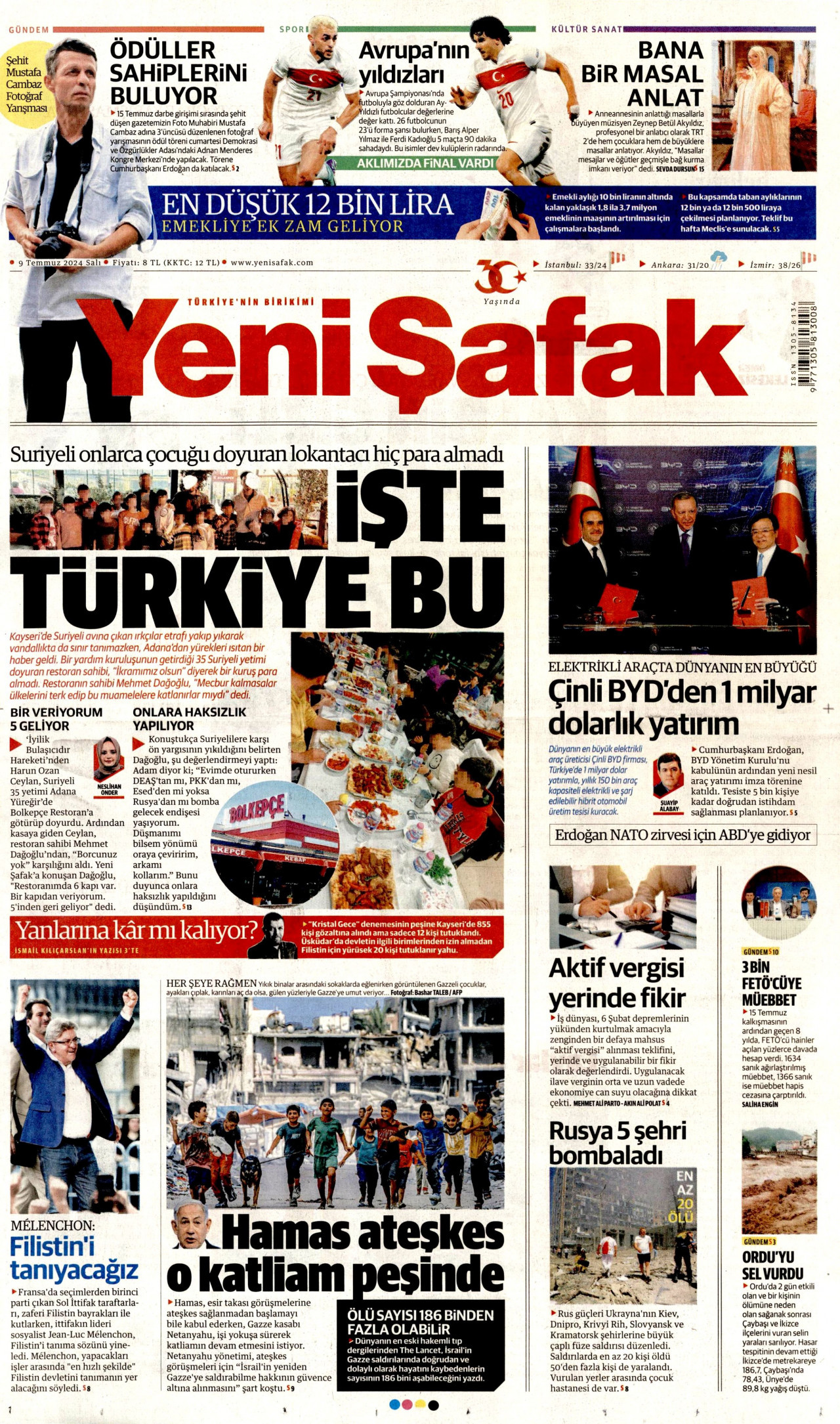 YENİ ŞAFAK gazetesinin 9 Temmuz 2024 tarihli birinci sayfası