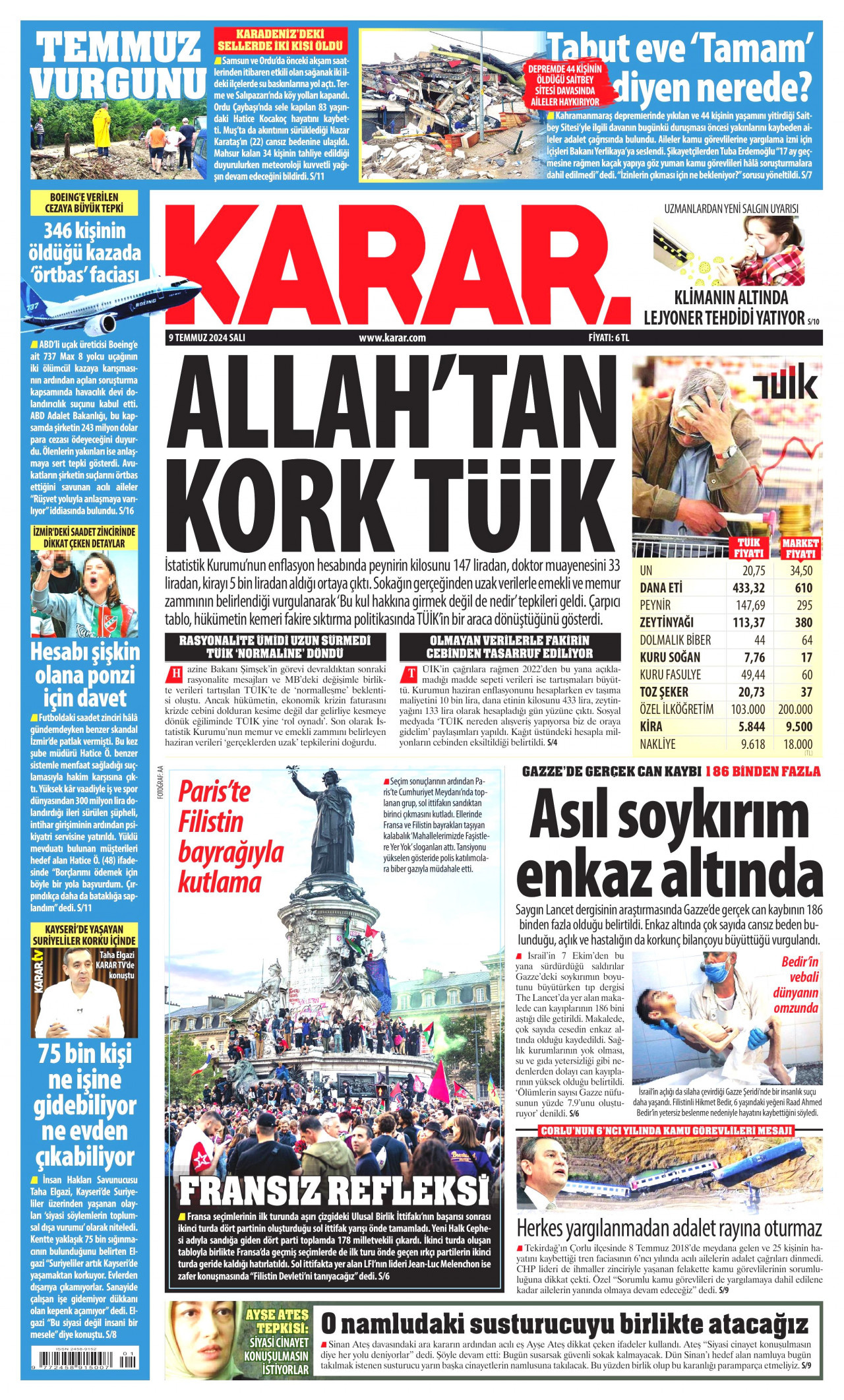 KARAR gazetesinin 9 Temmuz 2024 tarihli birinci sayfası
