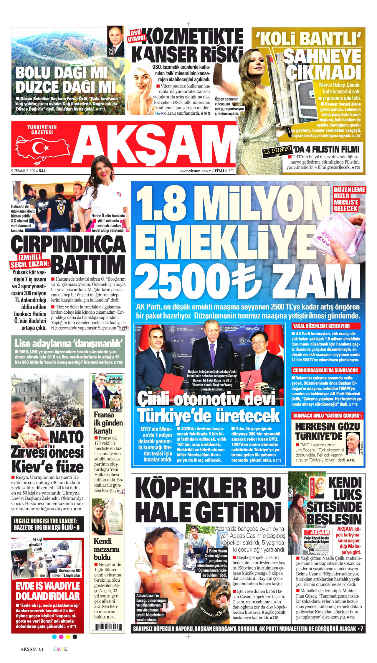 AKŞAM gazetesinin 9 Temmuz 2024 tarihli birinci sayfası