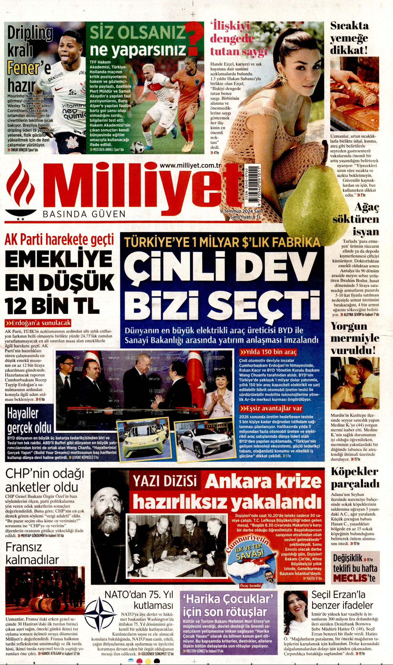 MİLLİYET gazetesinin 9 Temmuz 2024 tarihli birinci sayfası