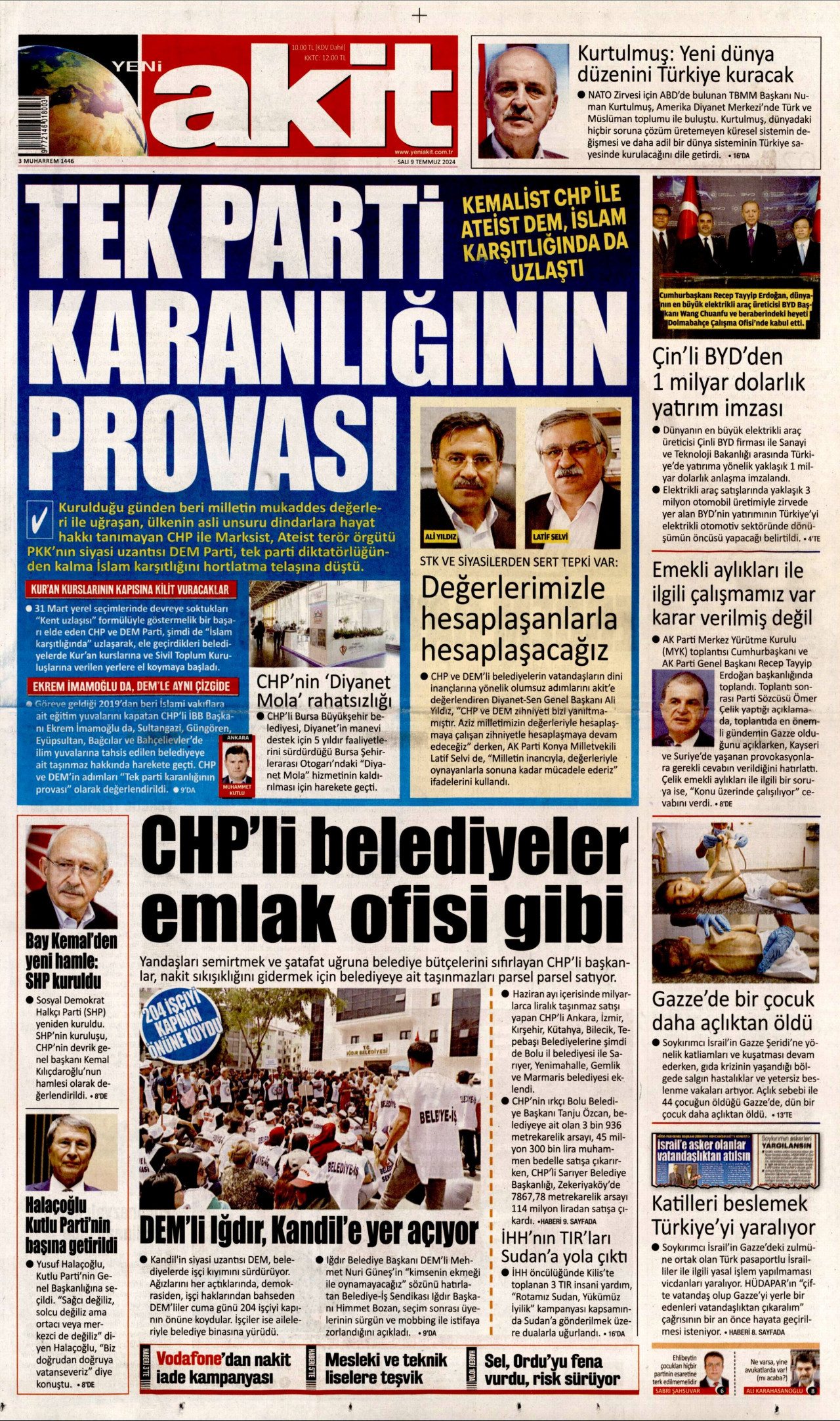 YENİ AKİT gazetesinin 9 Temmuz 2024 tarihli birinci sayfası