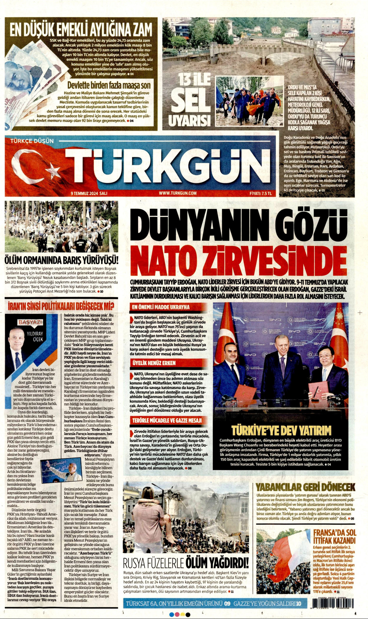 TÜRKGÜN gazetesinin 9 Temmuz 2024 tarihli birinci sayfası