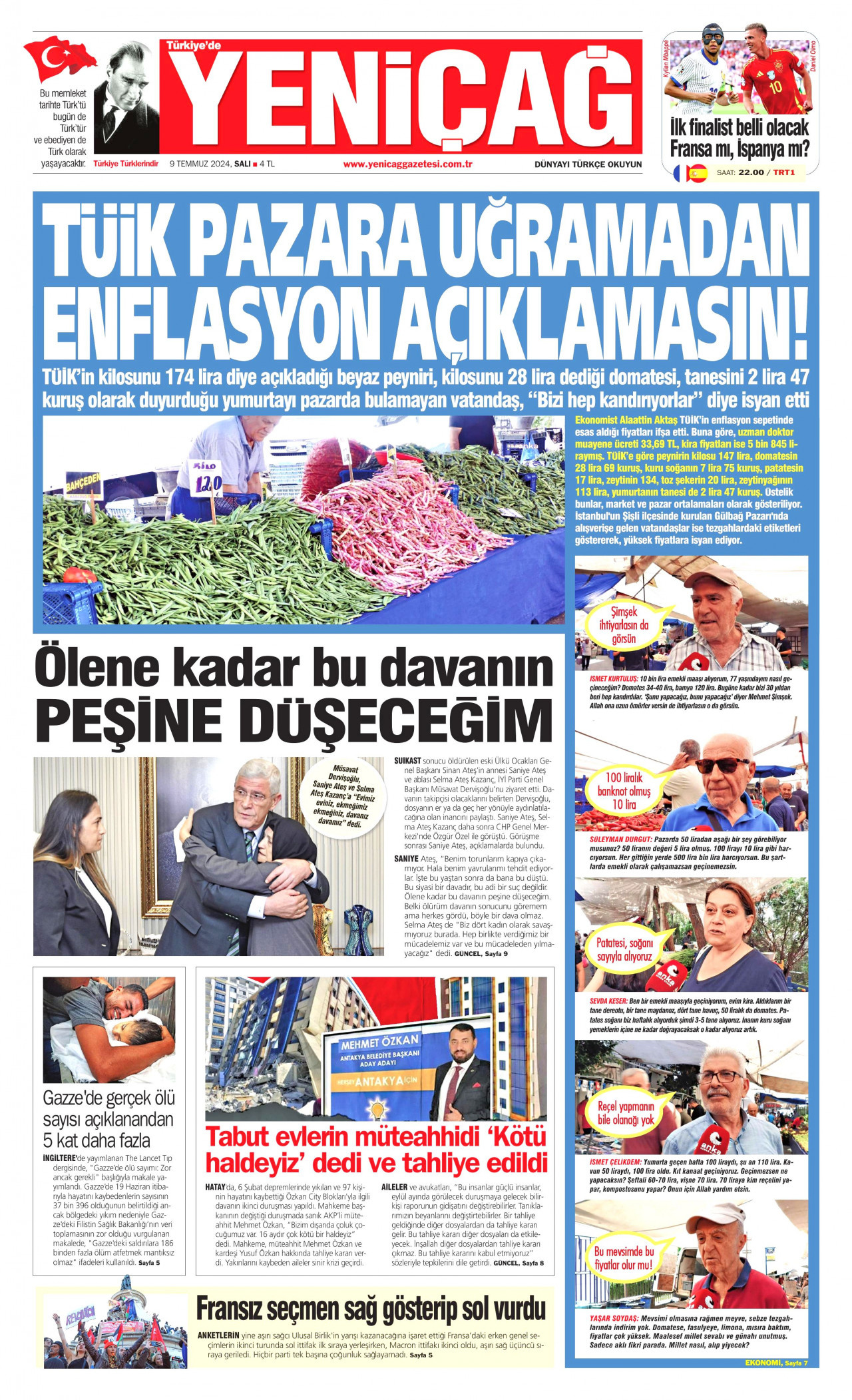 YENİÇAĞ gazetesinin 9 Temmuz 2024 tarihli birinci sayfası