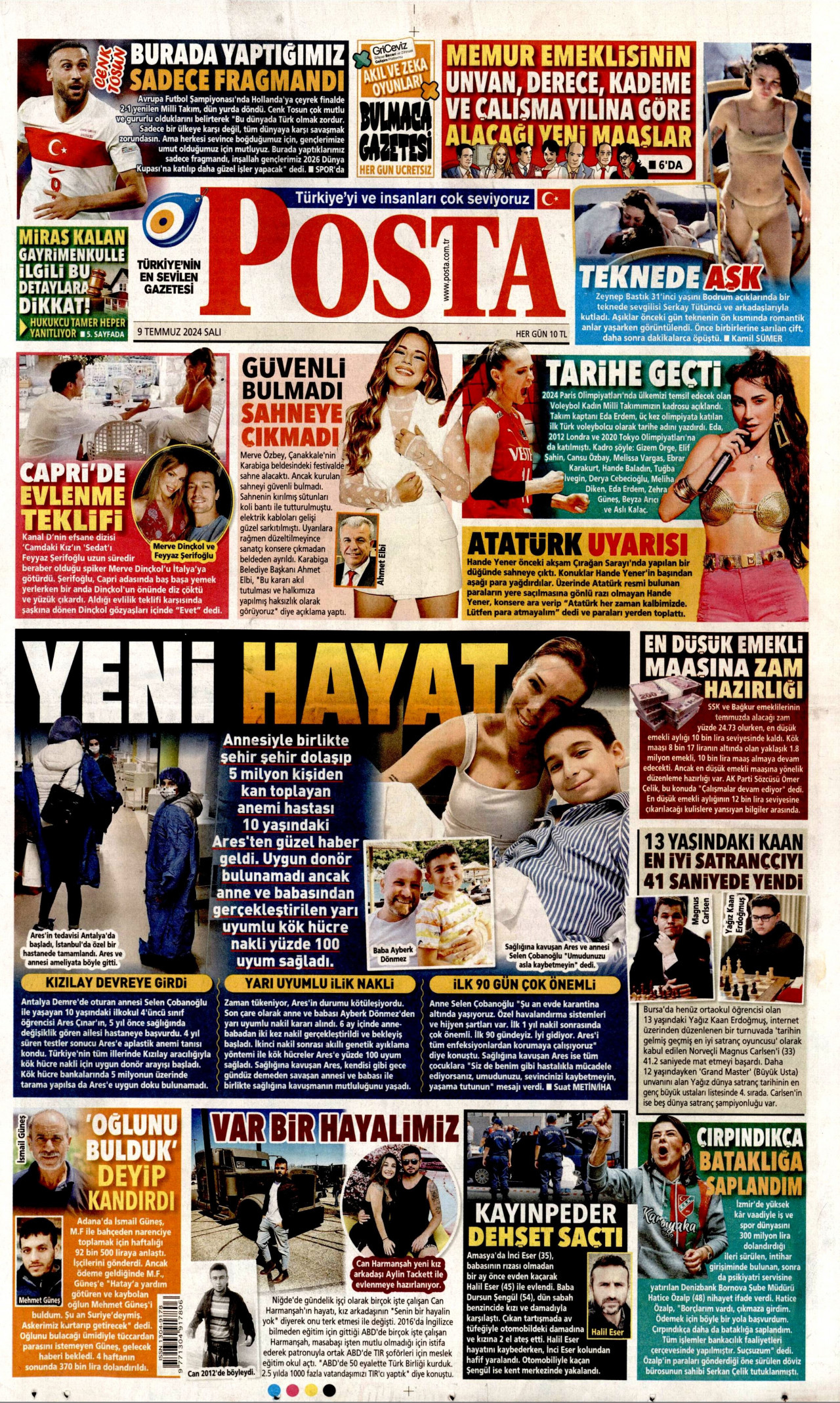 POSTA gazetesinin 9 Temmuz 2024 tarihli birinci sayfası