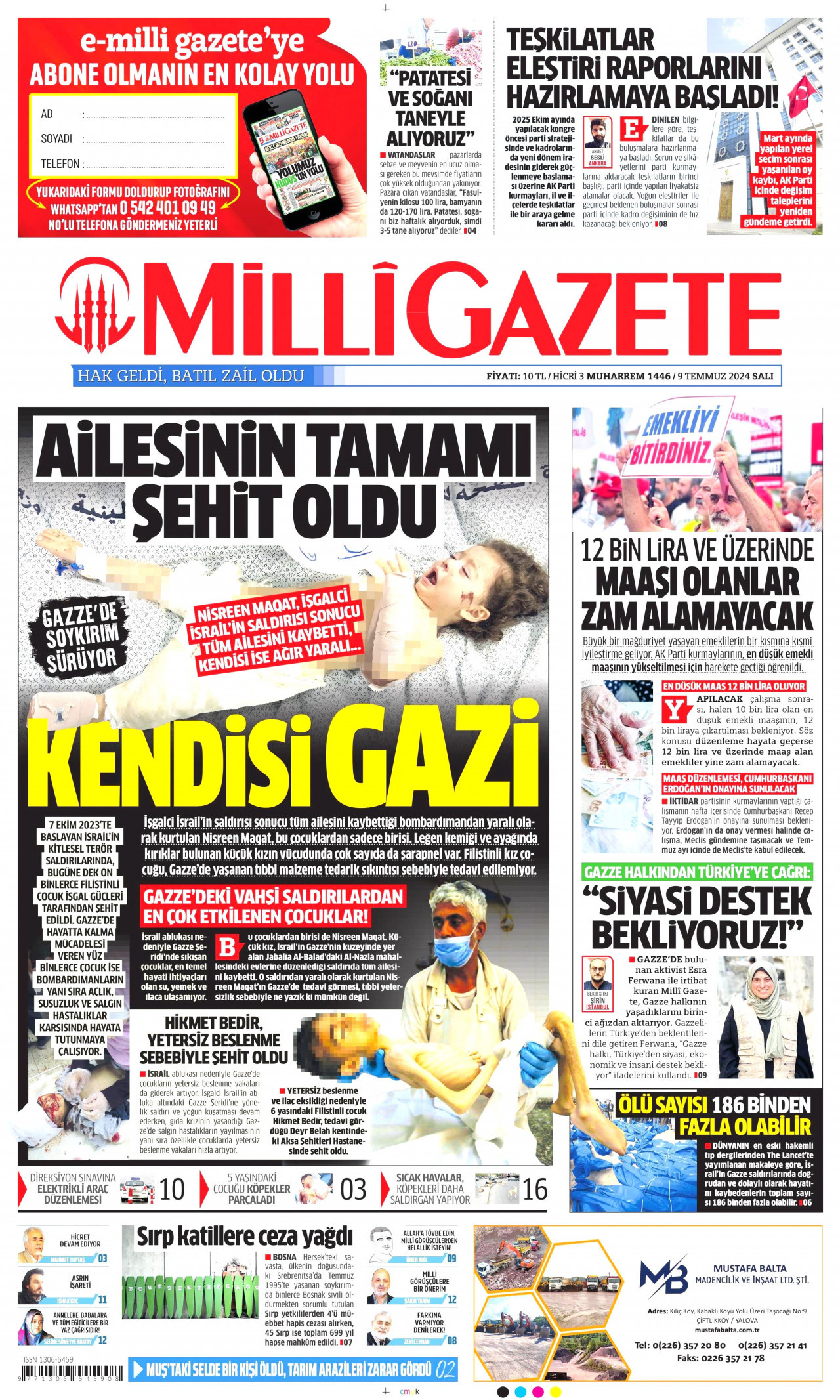 MİLLİ GAZETE gazetesinin 9 Temmuz 2024 tarihli birinci sayfası