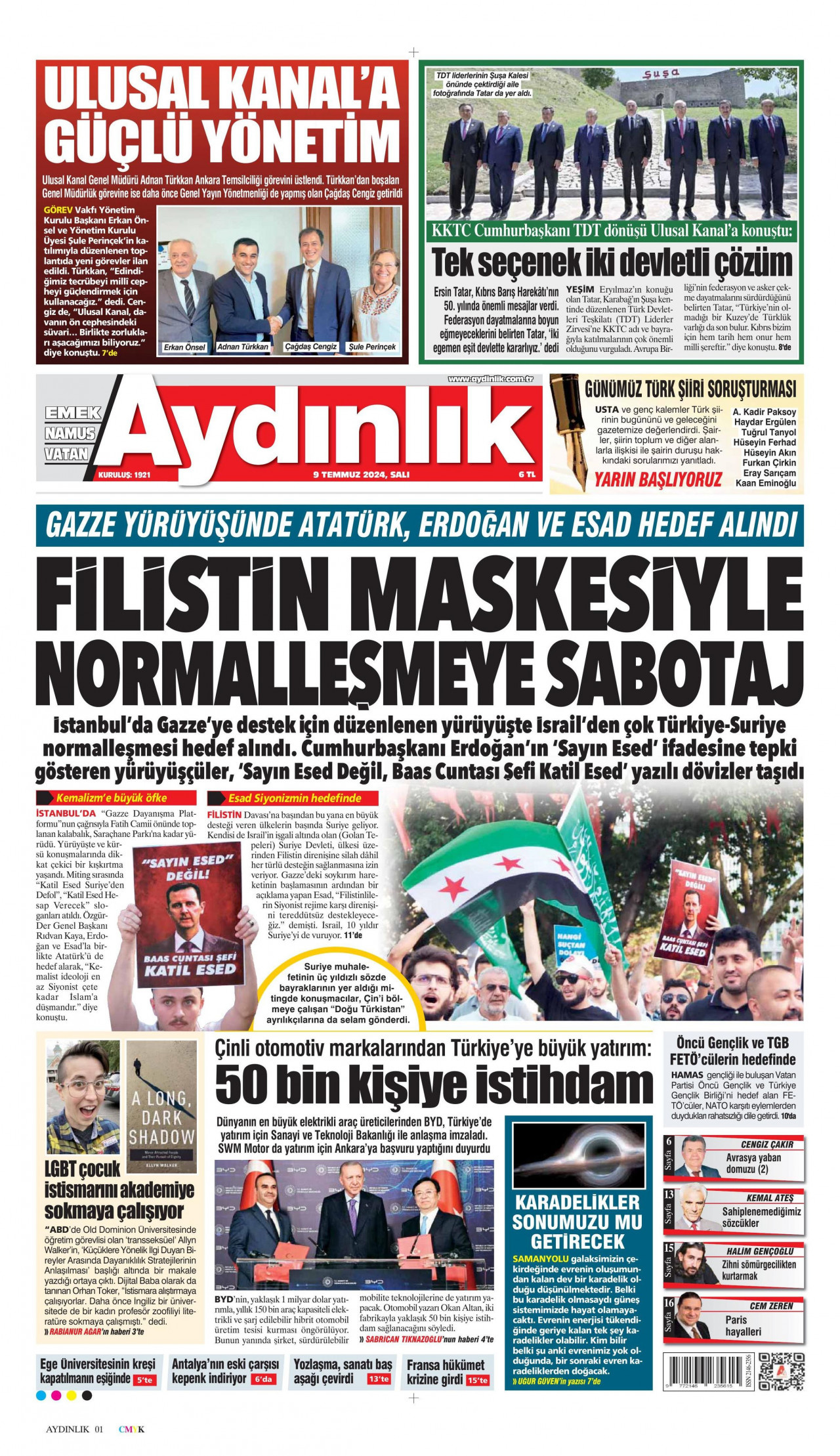 AYDINLIK GAZETESİ gazetesinin 9 Temmuz 2024 tarihli birinci sayfası