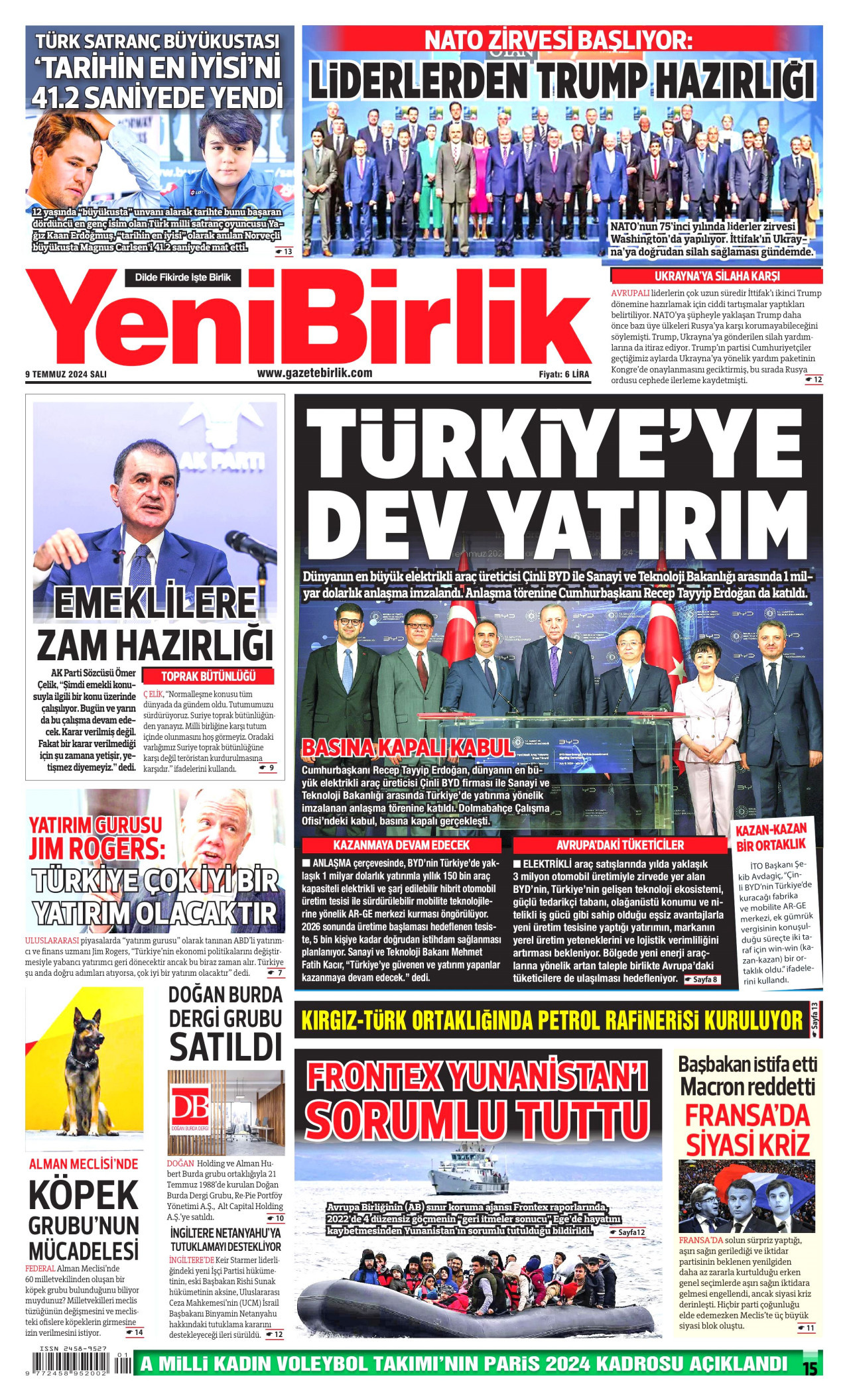 YENİBİRLİK gazetesinin 9 Temmuz 2024 tarihli birinci sayfası