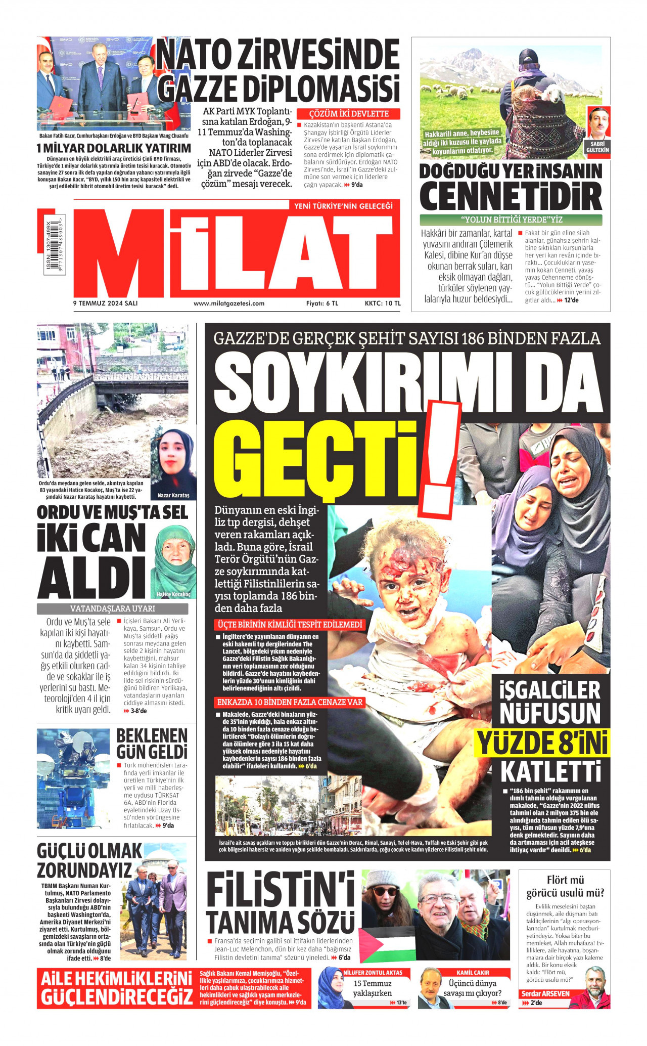 MİLAT gazetesinin 9 Temmuz 2024 tarihli birinci sayfası