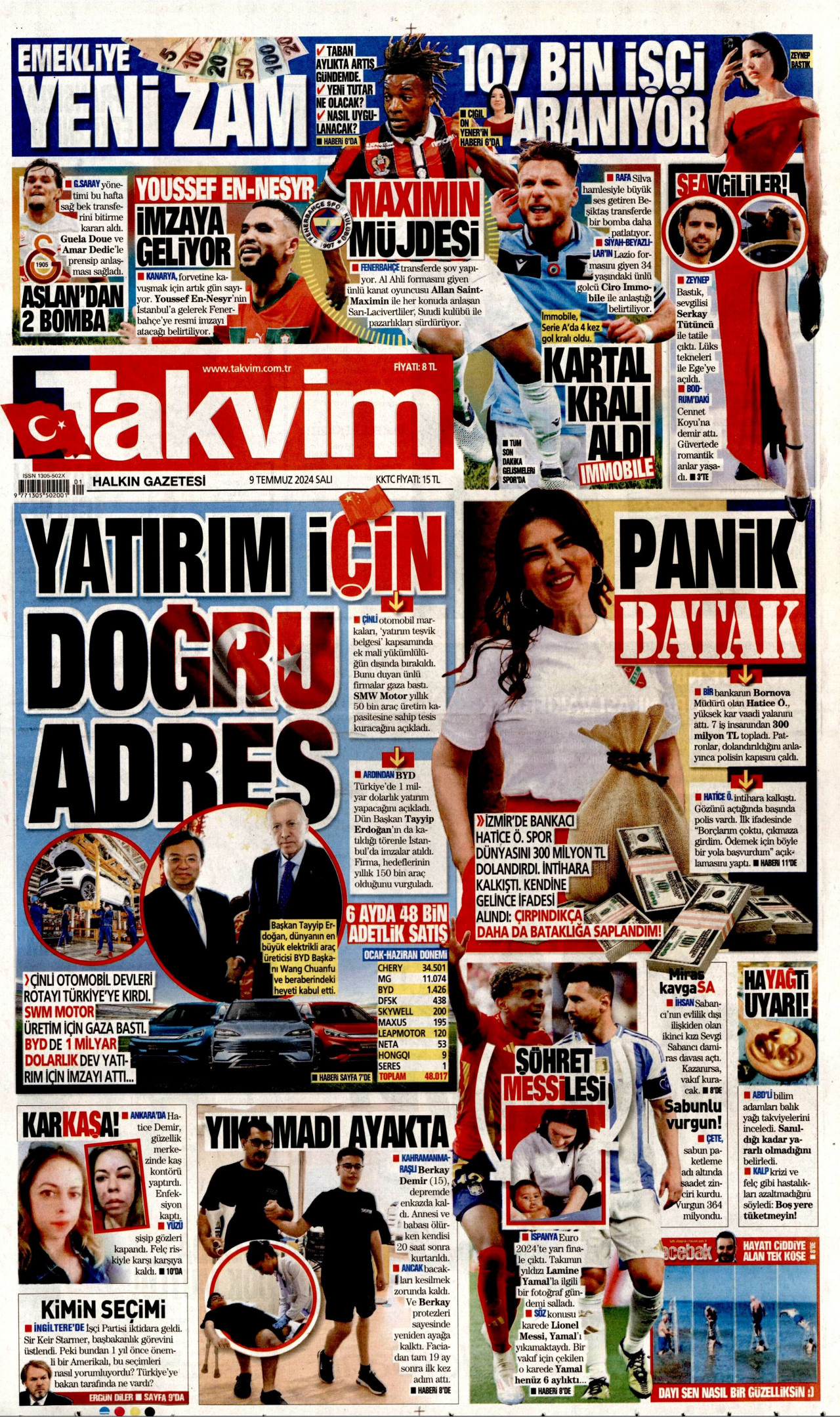 TAKVİM gazetesinin 9 Temmuz 2024 tarihli birinci sayfası