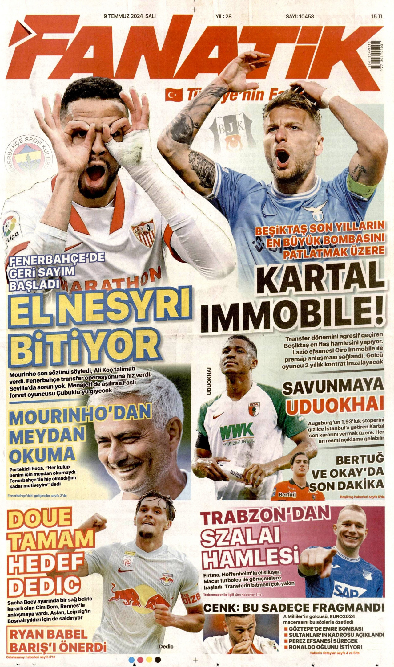 FANATİK gazetesinin 9 Temmuz 2024 tarihli birinci sayfası