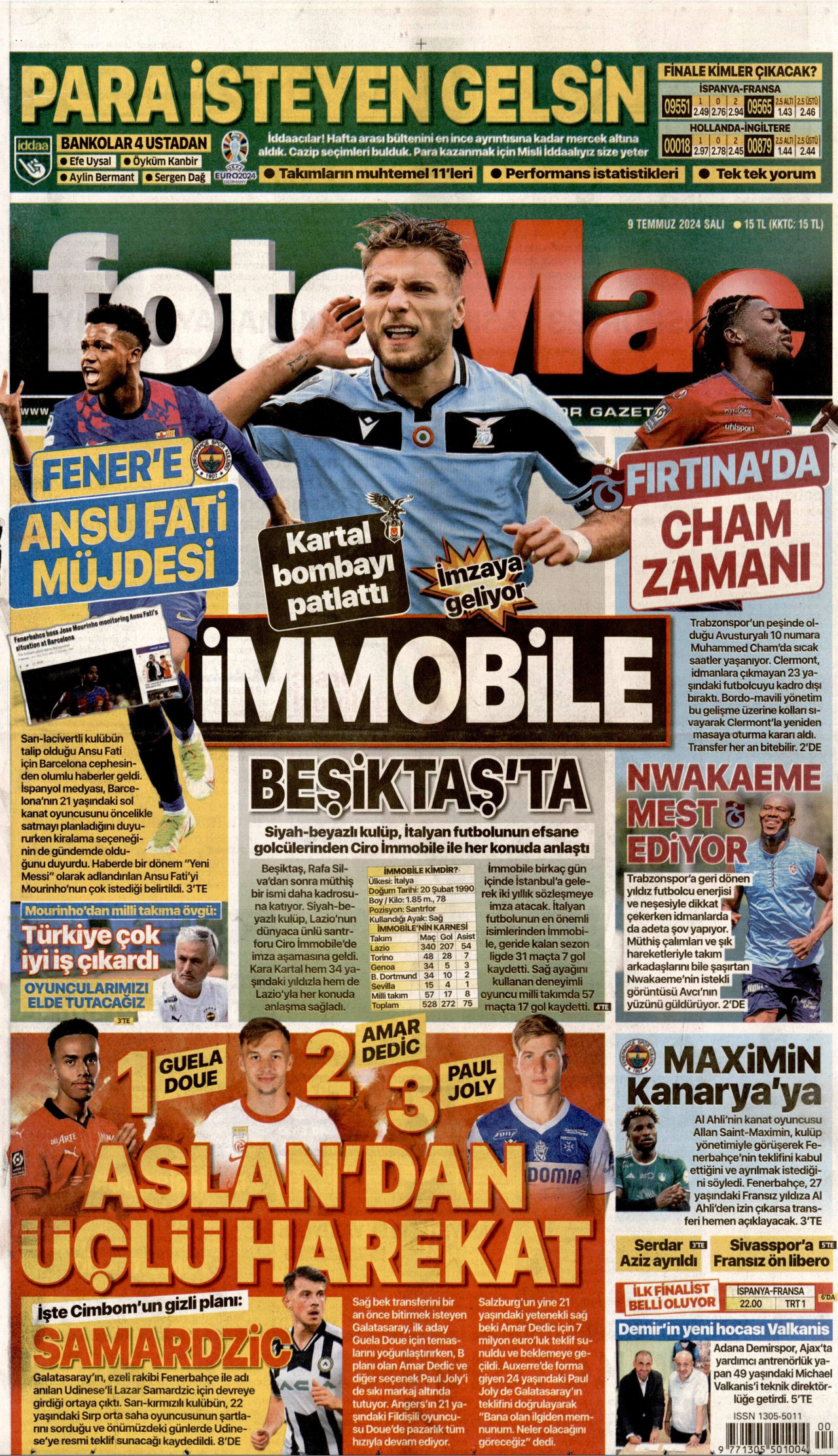 FOTOMAÇ gazetesinin 9 Temmuz 2024 tarihli birinci sayfası
