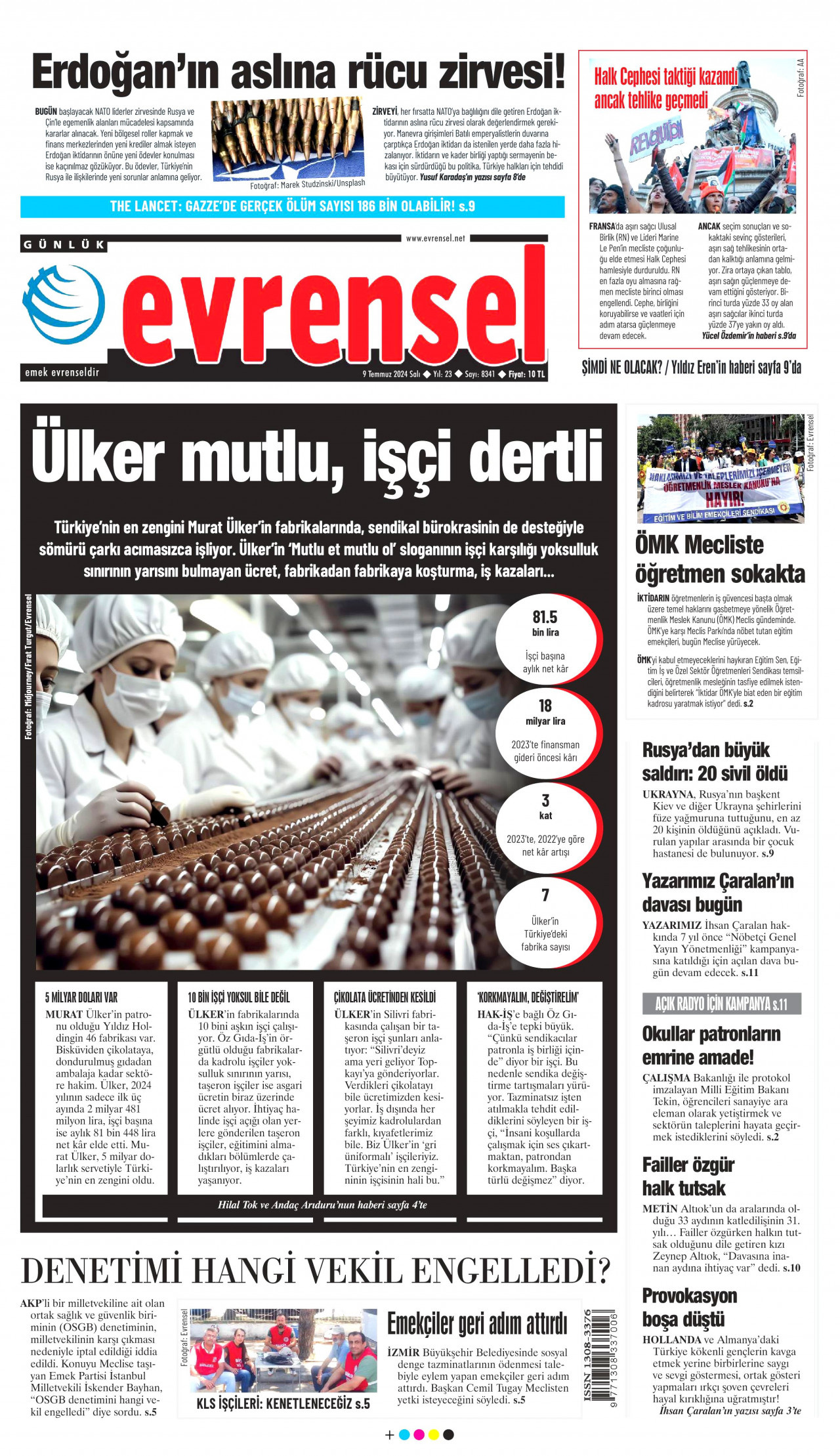 EVRENSEL gazetesinin 9 Temmuz 2024 tarihli birinci sayfası