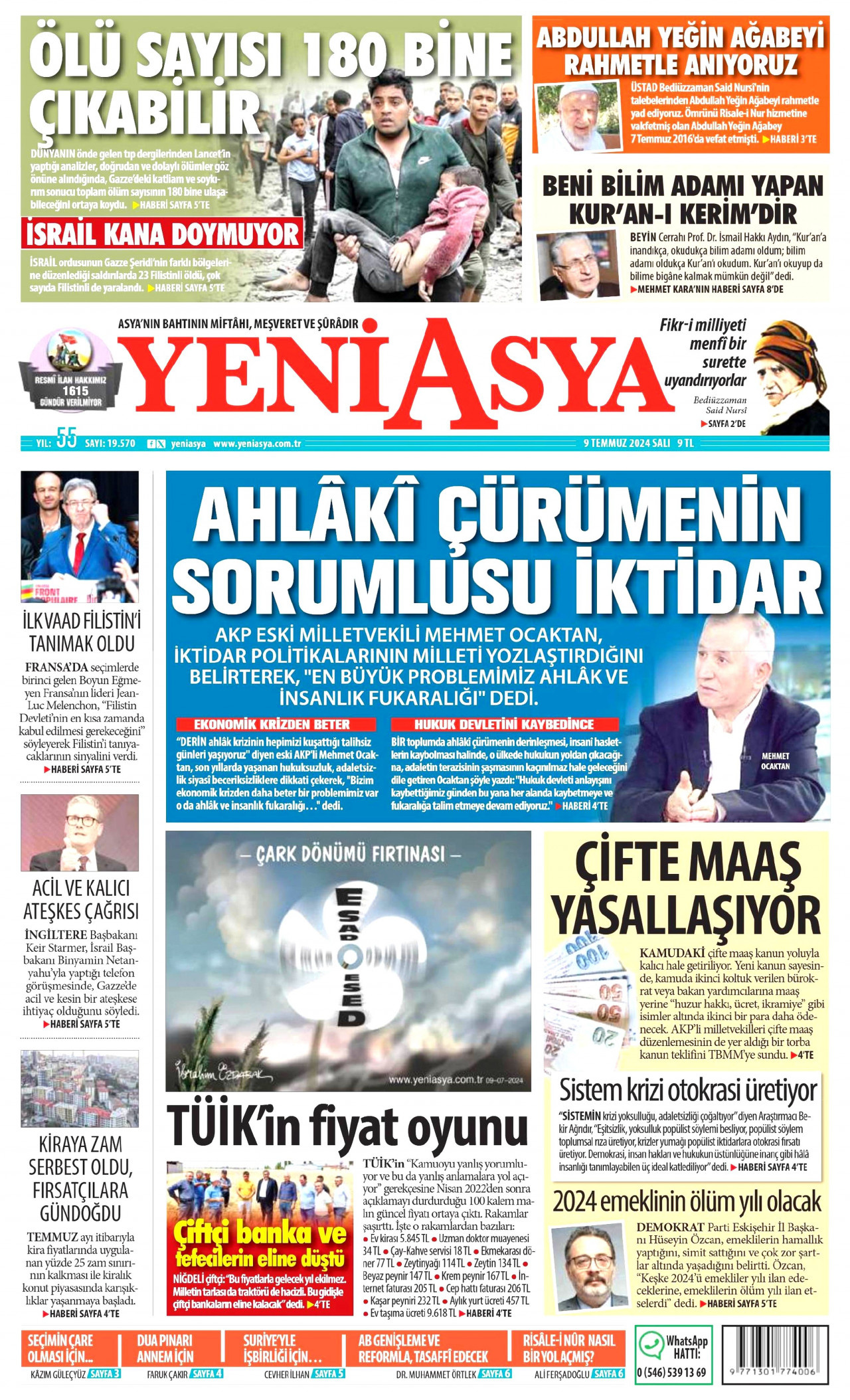 YENİ ASYA gazetesinin 9 Temmuz 2024 tarihli birinci sayfası