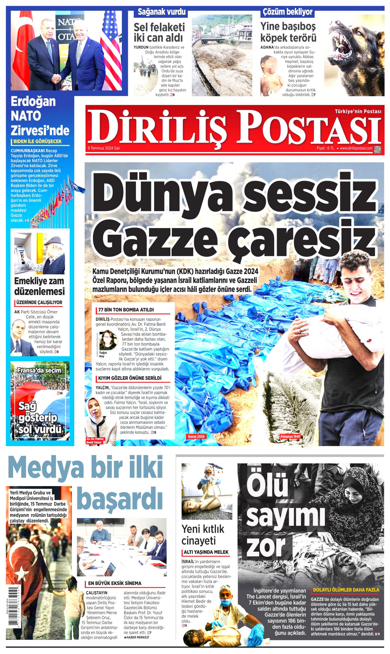 DİRİLİŞ POSTASI gazetesinin 9 Temmuz 2024 tarihli birinci sayfası