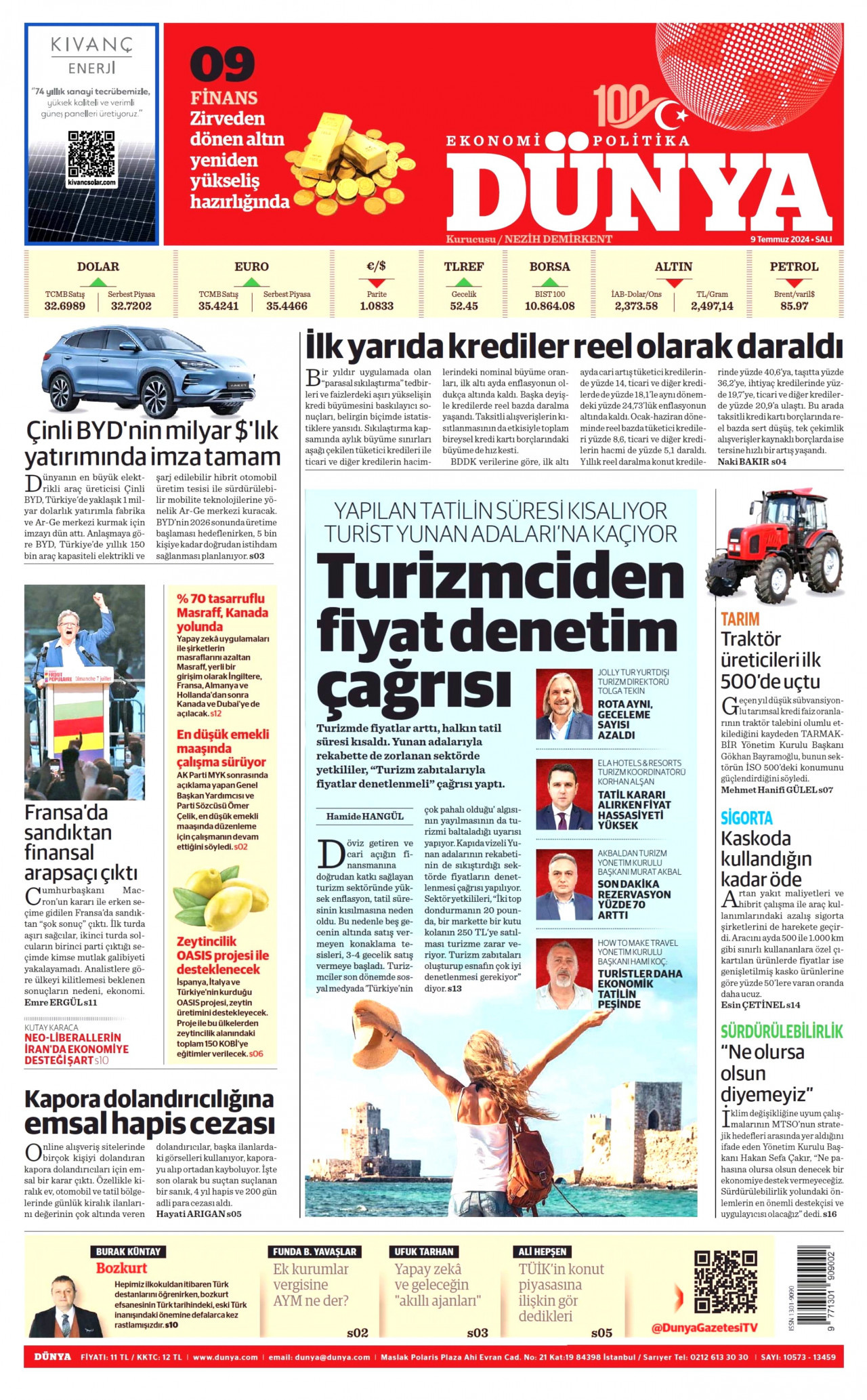 DÜNYA gazetesinin 9 Temmuz 2024 tarihli birinci sayfası
