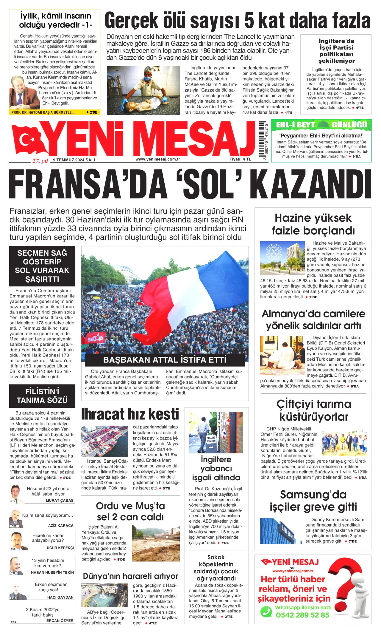 YENİ MESAJ gazetesinin 9 Temmuz 2024 tarihli birinci sayfası
