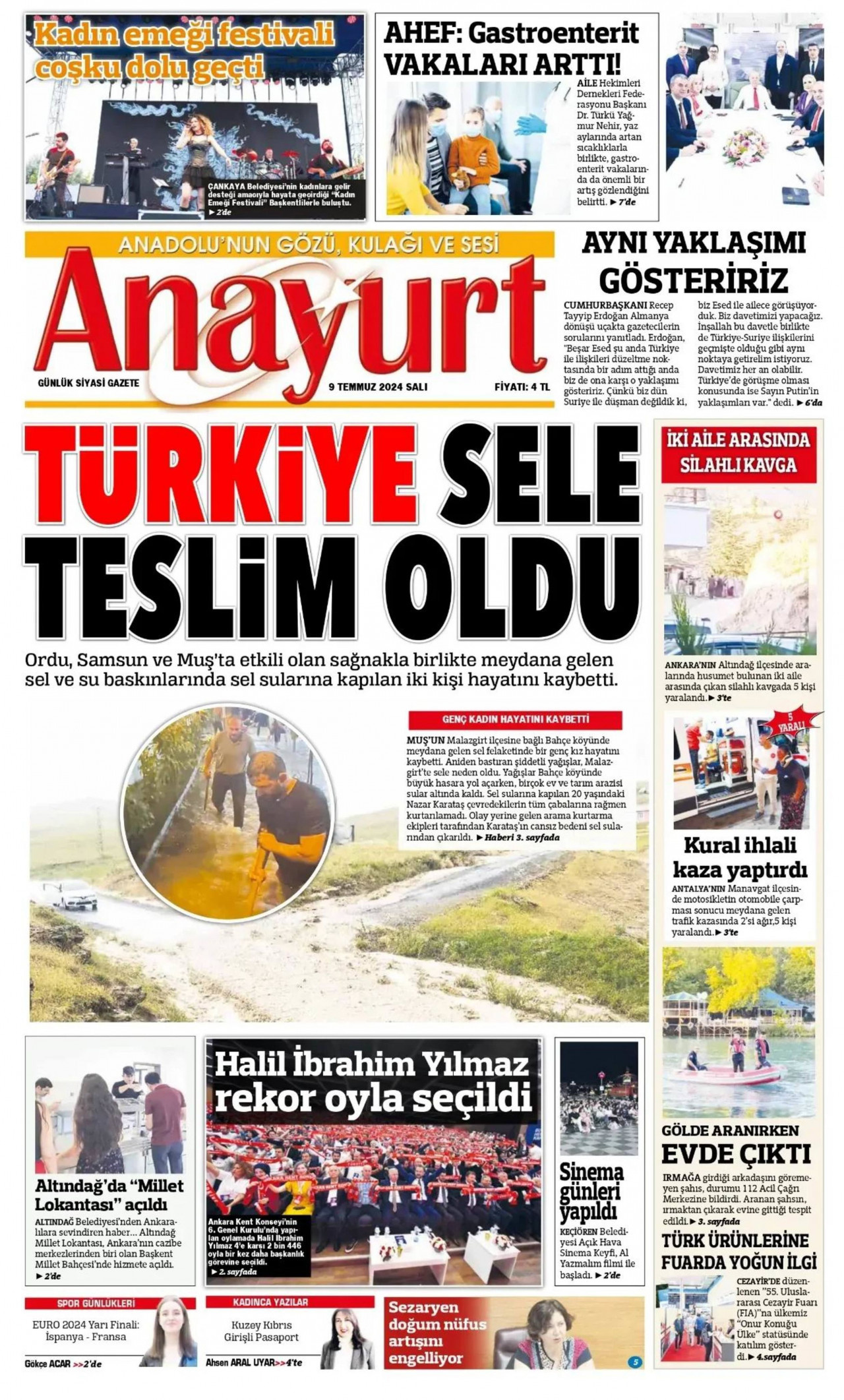 ANAYURT gazetesinin 9 Temmuz 2024 tarihli birinci sayfası