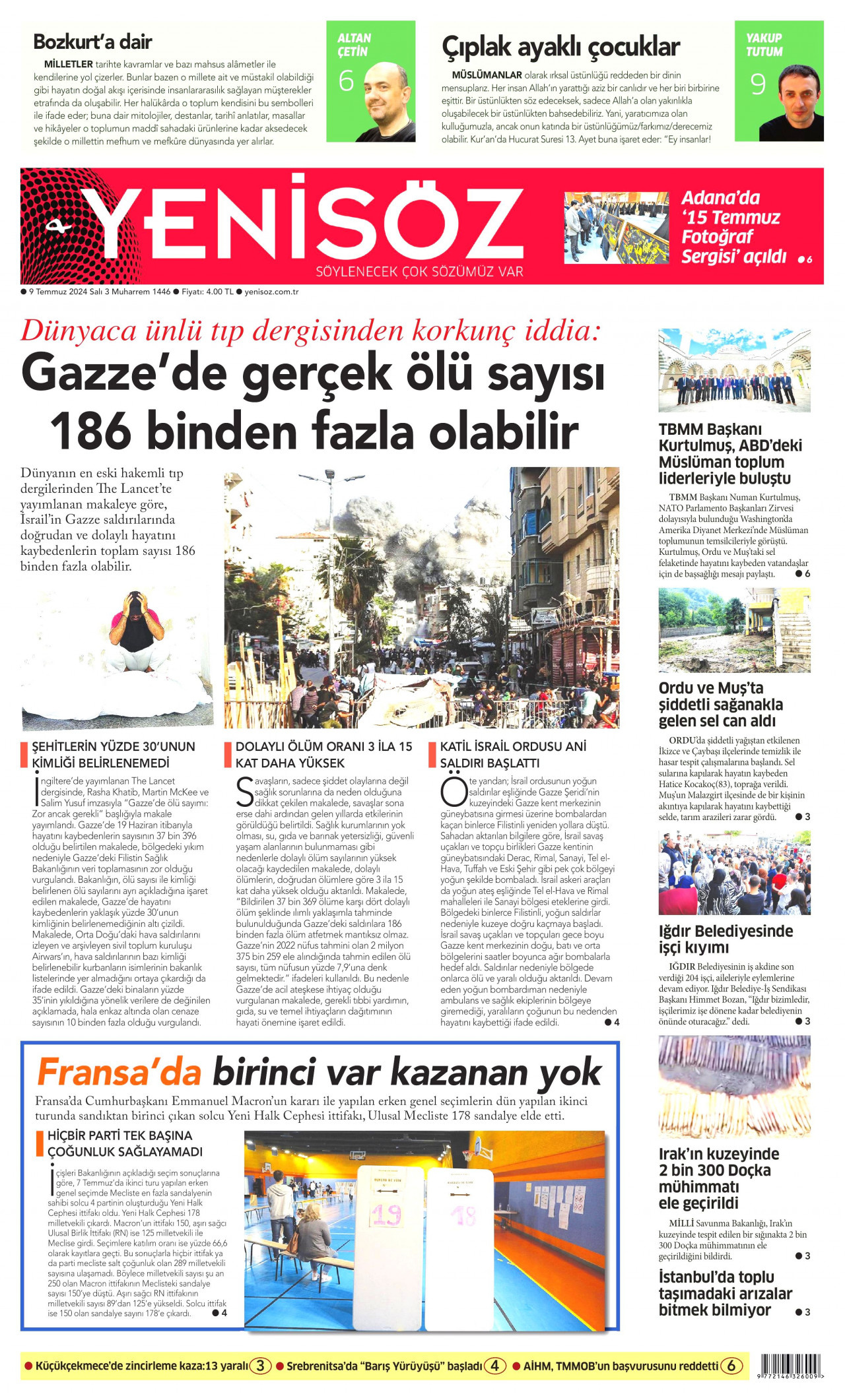 YENİ SÖZ GAZETESİ gazetesinin 9 Temmuz 2024 tarihli birinci sayfası