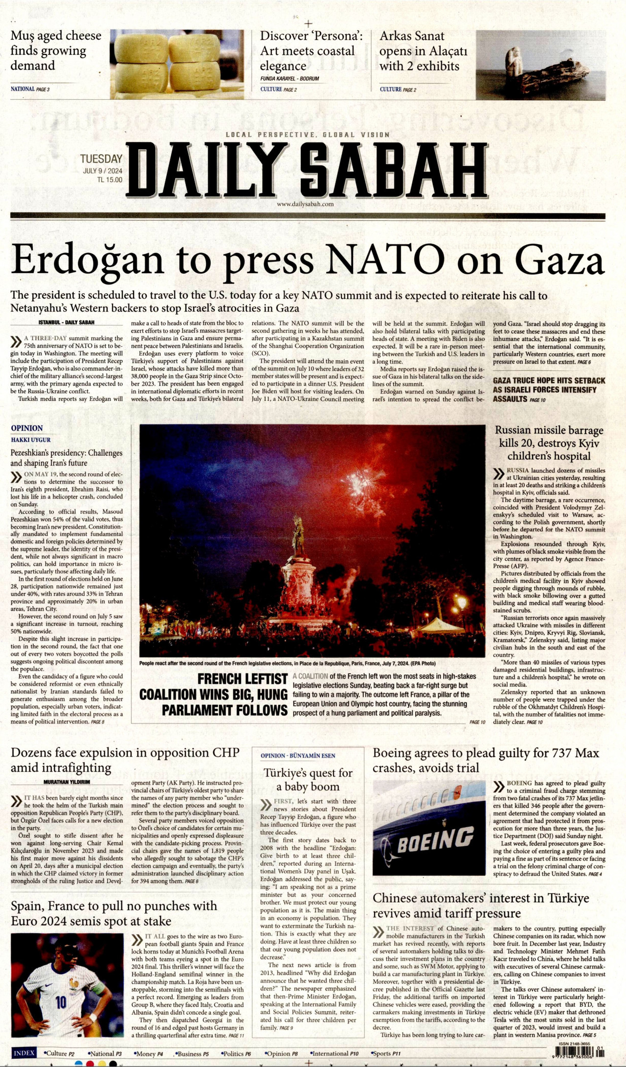 DAİLY SABAH gazetesinin 9 Temmuz 2024 tarihli birinci sayfası