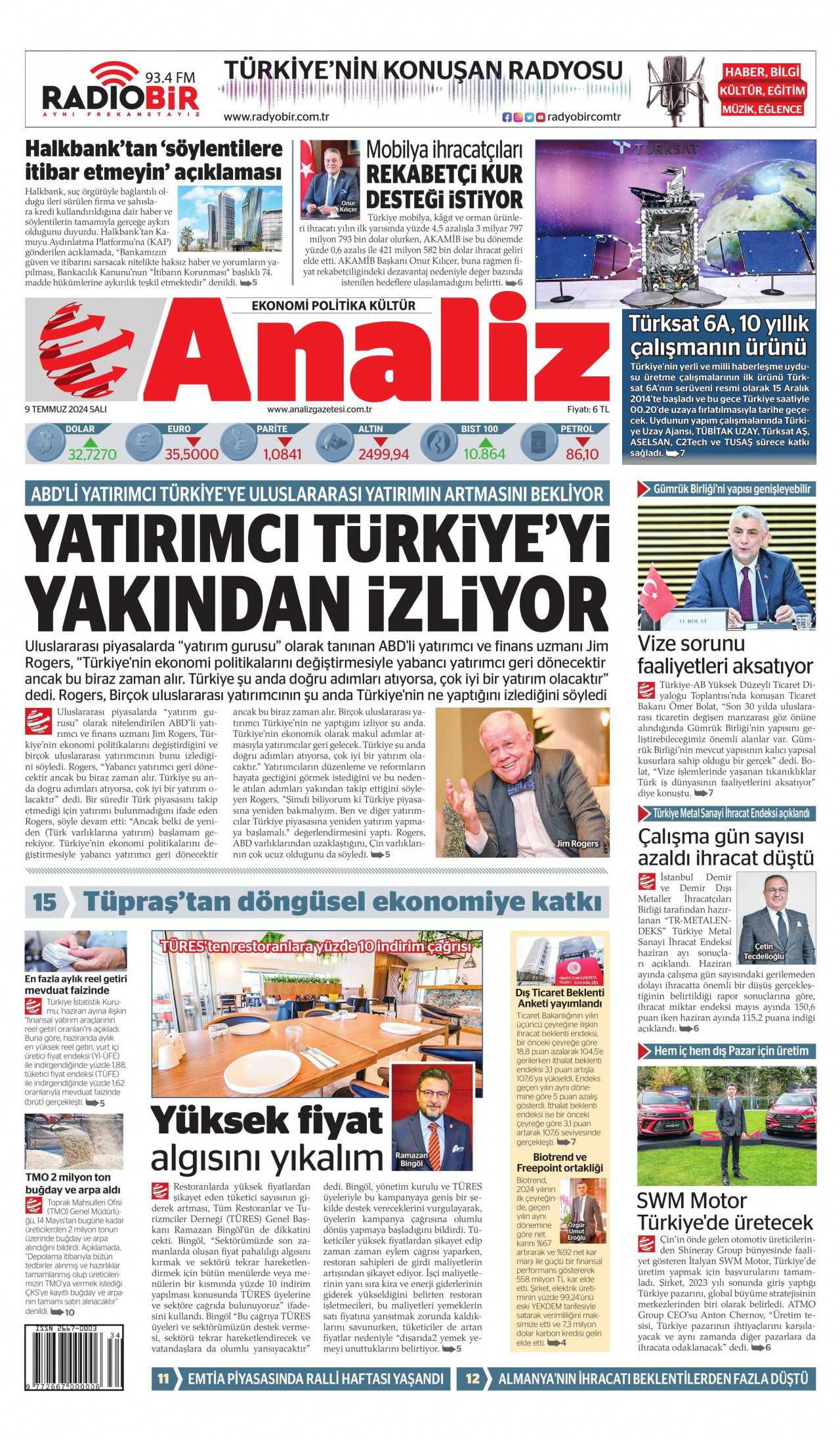 ANALİZ gazetesinin 9 Temmuz 2024 tarihli birinci sayfası
