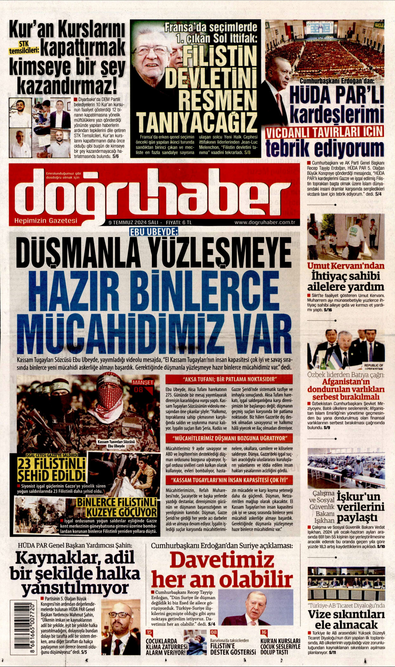 DOĞRU HABER gazetesinin 9 Temmuz 2024 tarihli birinci sayfası