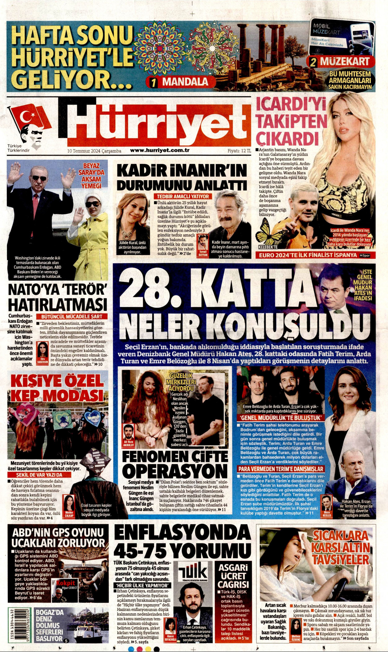 HÜRRİYET gazetesinin 10 Temmuz 2024 tarihli birinci sayfası