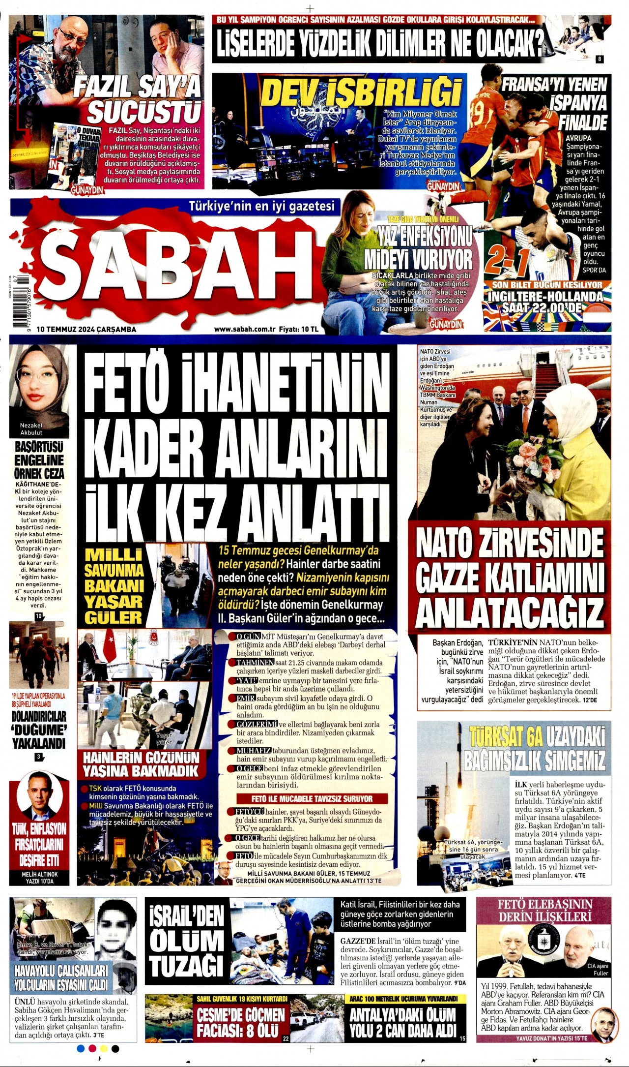 SABAH gazetesinin 10 Temmuz 2024 tarihli birinci sayfası