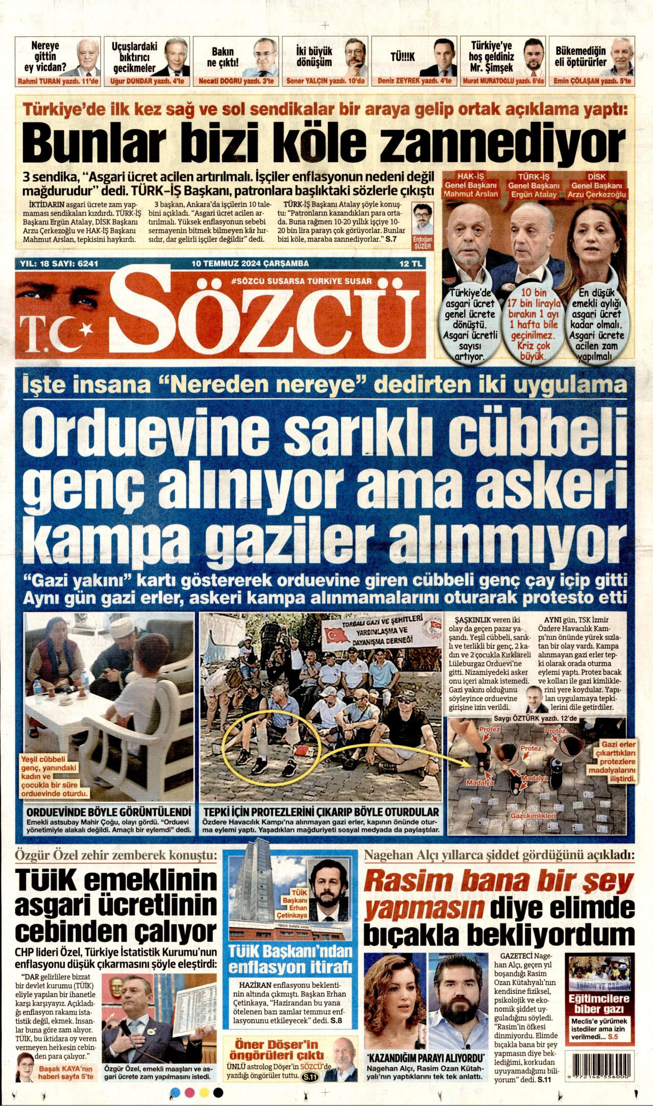 SÖZCÜ gazetesinin 10 Temmuz 2024 tarihli birinci sayfası