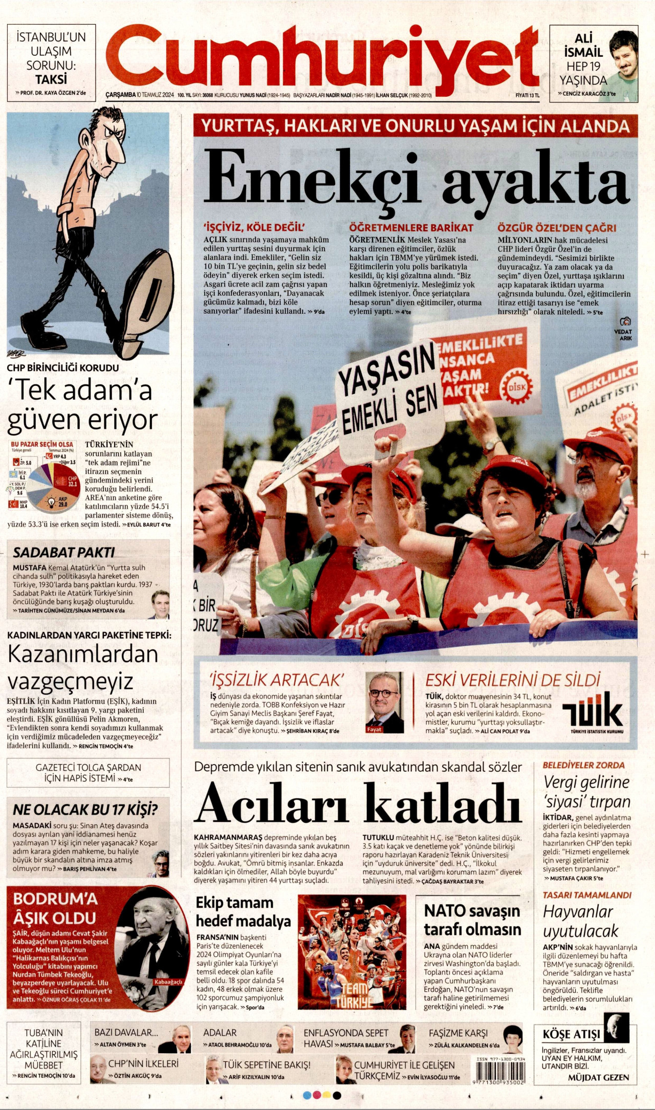 CUMHURİYET gazetesinin 10 Temmuz 2024 tarihli birinci sayfası