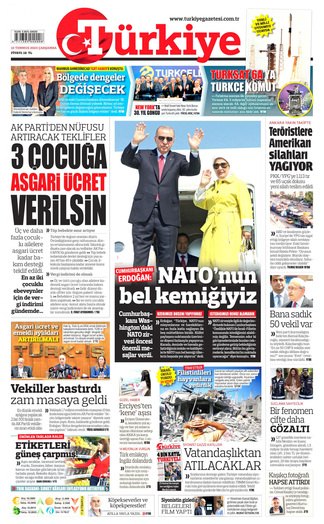TÜRKİYE GAZETESİ gazetesinin 10 Temmuz 2024 tarihli birinci sayfası