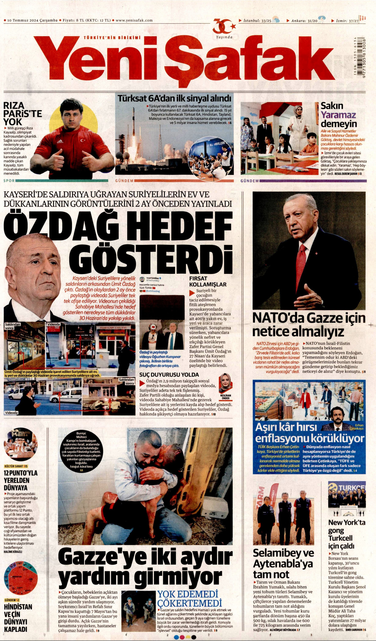 YENİ ŞAFAK gazetesinin 10 Temmuz 2024 tarihli birinci sayfası