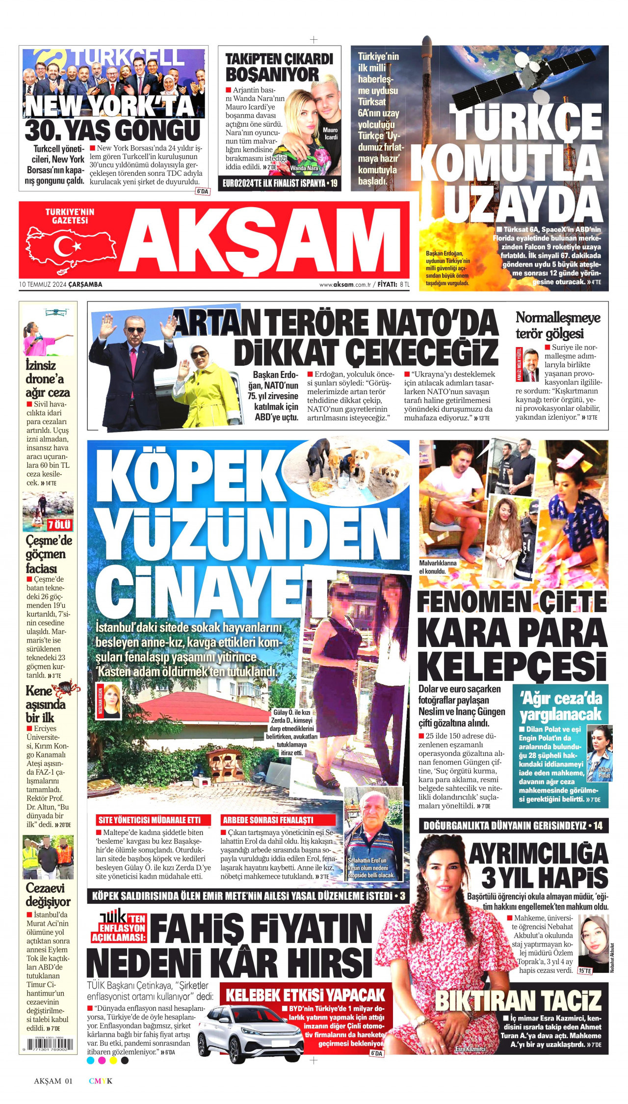 AKŞAM gazetesinin 10 Temmuz 2024 tarihli birinci sayfası