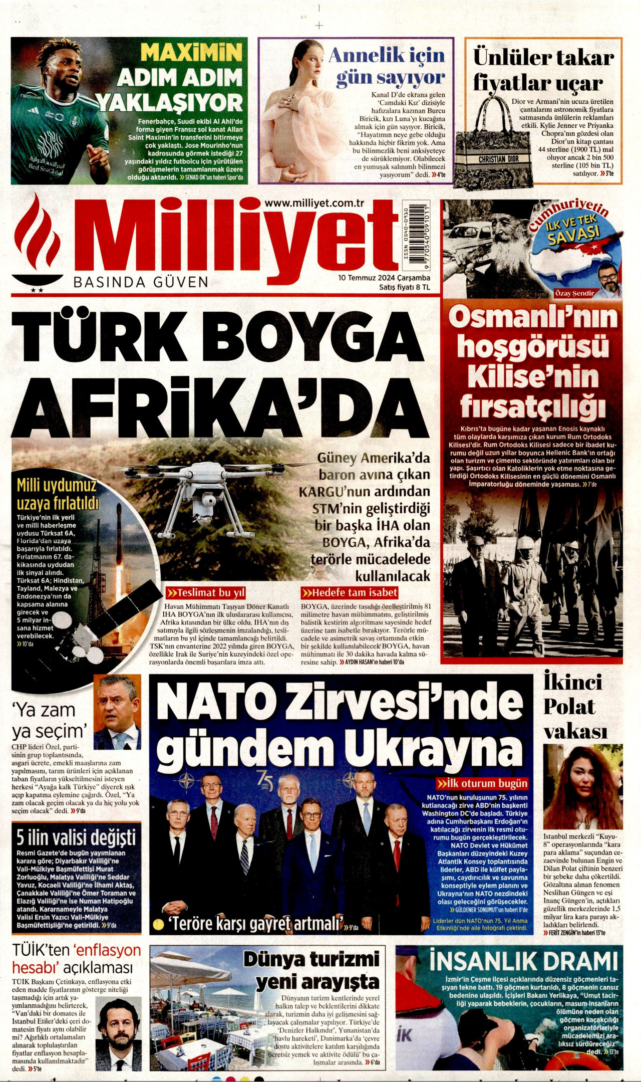 MİLLİYET gazetesinin 10 Temmuz 2024 tarihli birinci sayfası