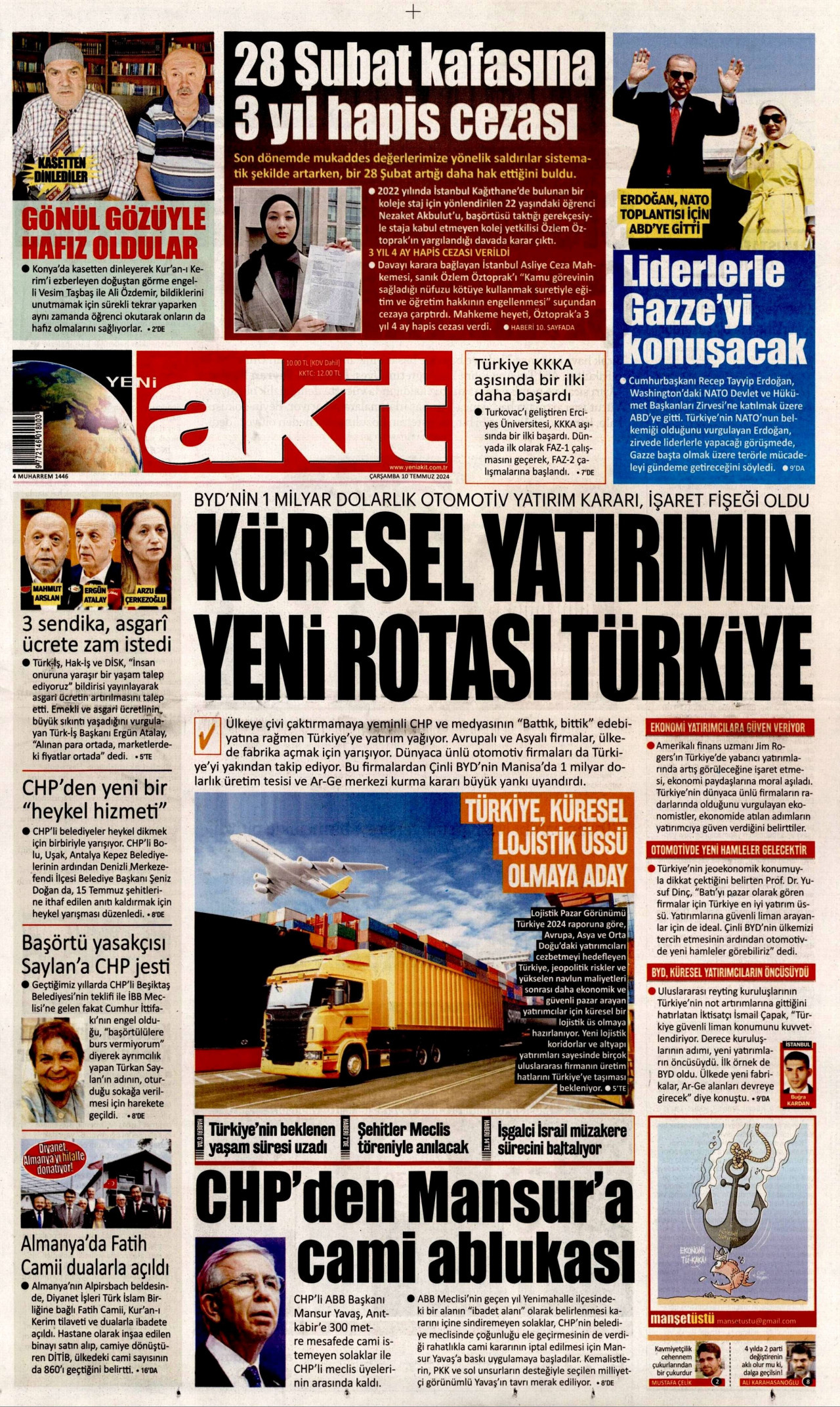 YENİ AKİT gazetesinin 10 Temmuz 2024 tarihli birinci sayfası