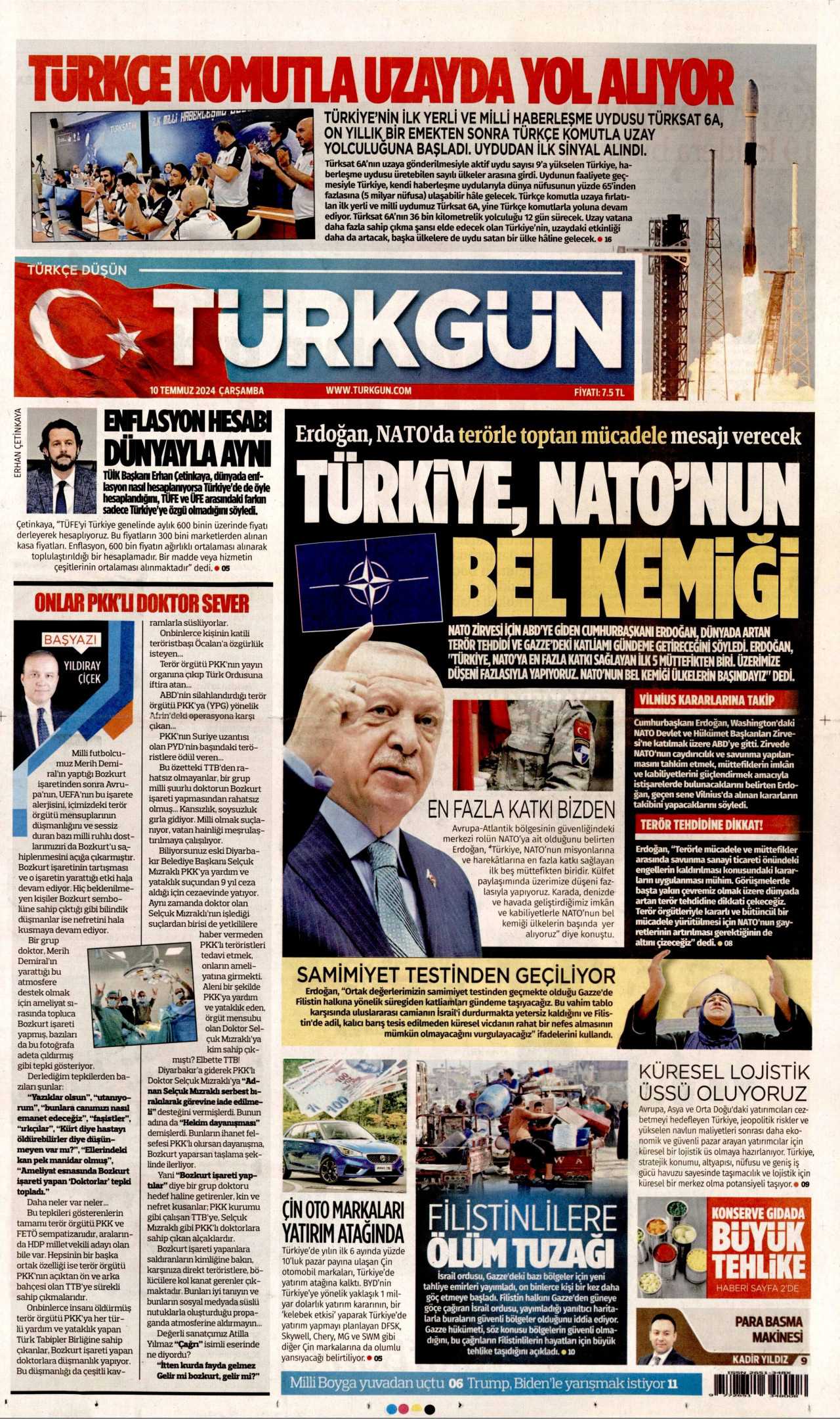 TÜRKGÜN gazetesinin 10 Temmuz 2024 tarihli birinci sayfası