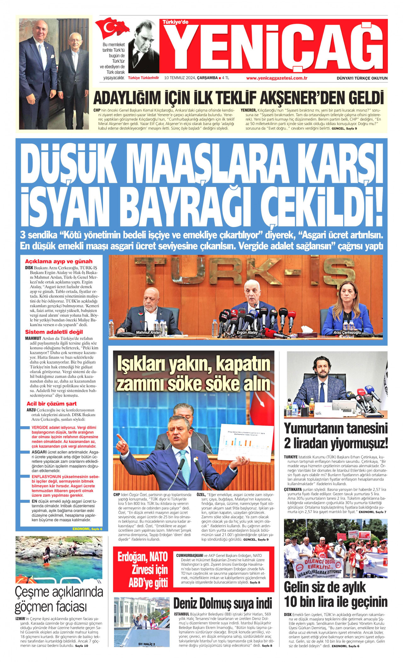 YENİÇAĞ gazetesinin 10 Temmuz 2024 tarihli birinci sayfası