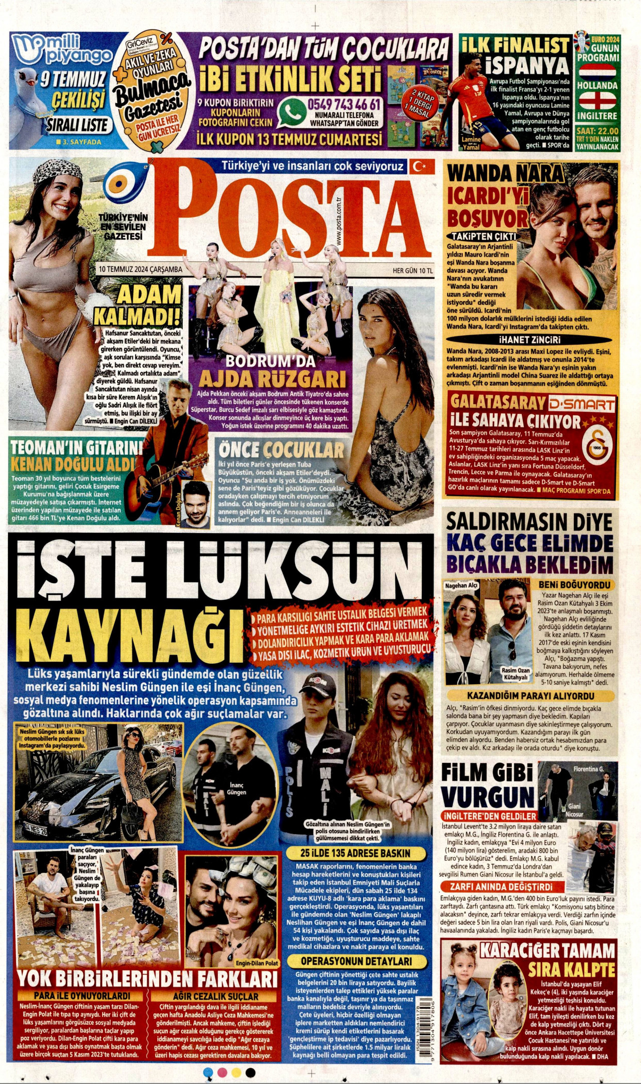 POSTA gazetesinin 10 Temmuz 2024 tarihli birinci sayfası