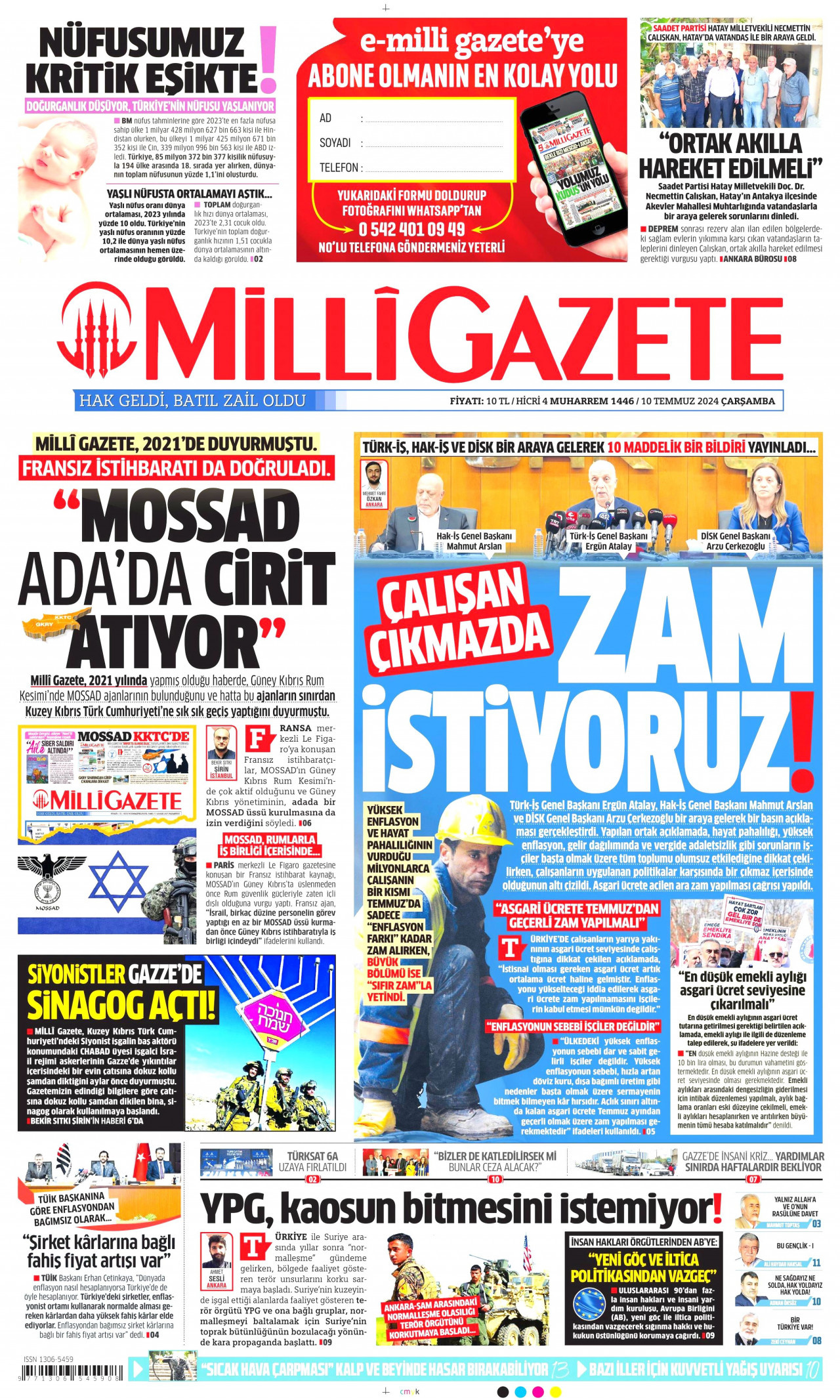 MİLLİ GAZETE gazetesinin 10 Temmuz 2024 tarihli birinci sayfası