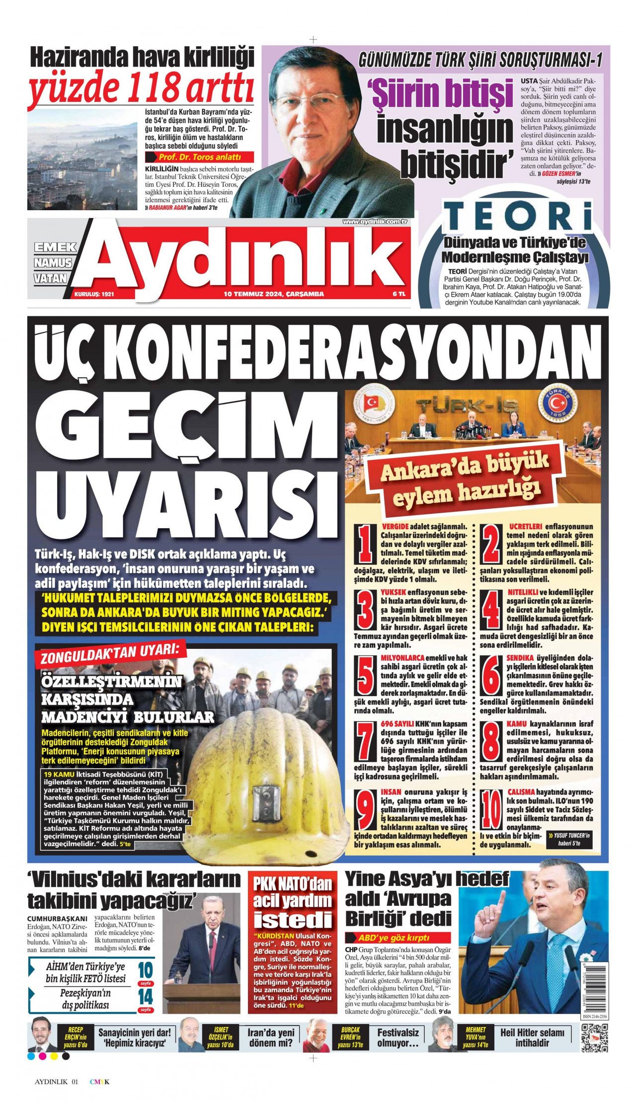AYDINLIK GAZETESİ gazetesinin 10 Temmuz 2024 tarihli birinci sayfası