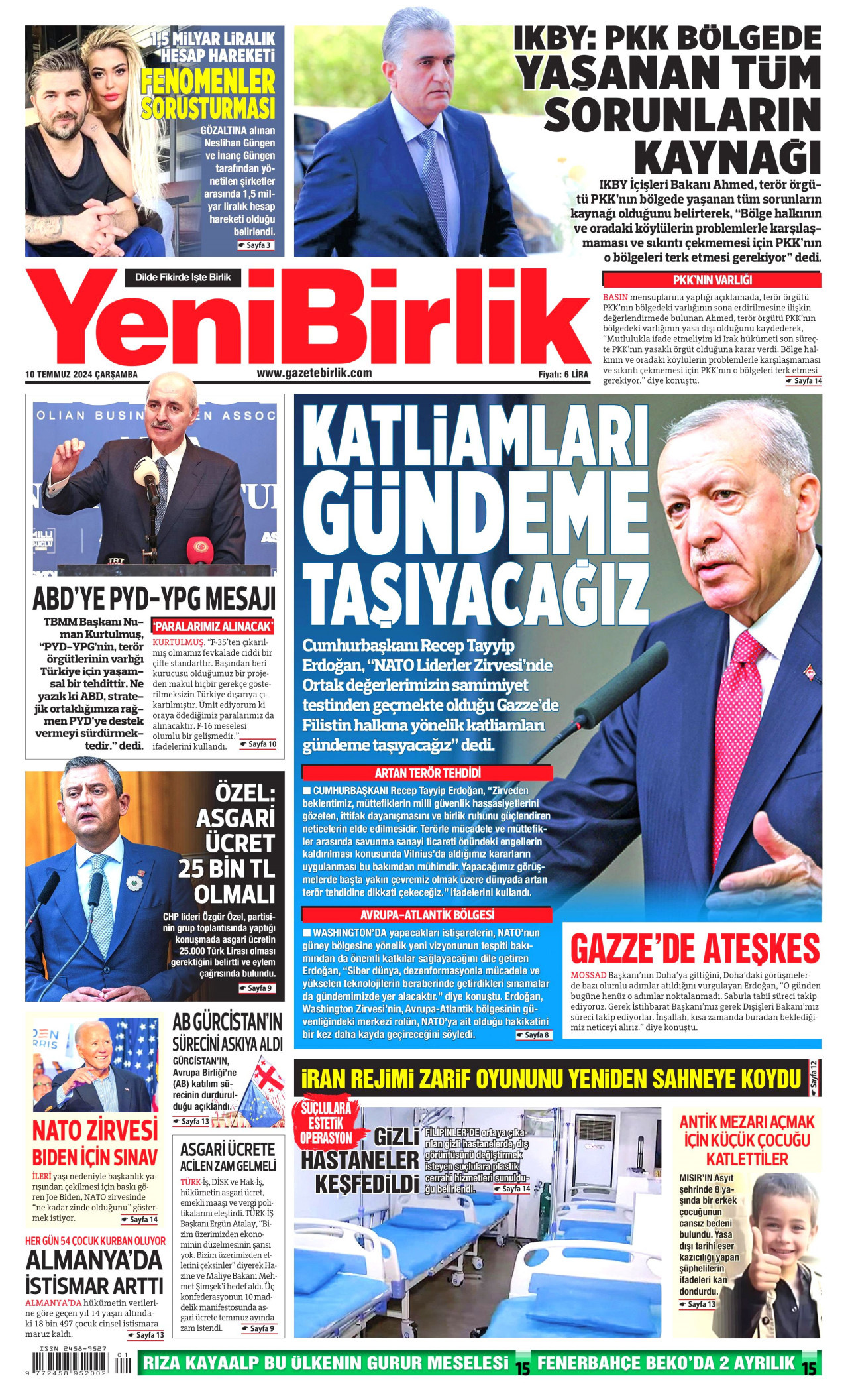 YENİBİRLİK gazetesinin 10 Temmuz 2024 tarihli birinci sayfası