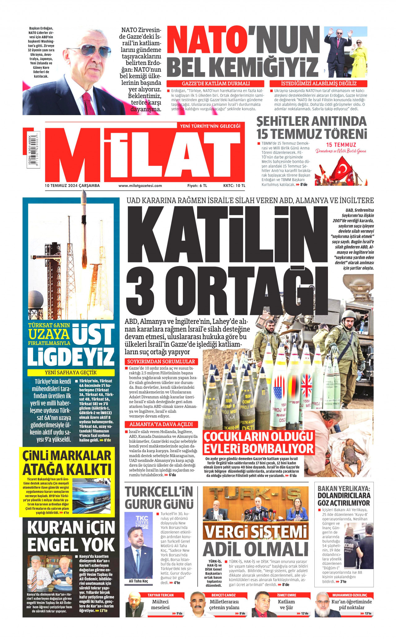 MİLAT gazetesinin 10 Temmuz 2024 tarihli birinci sayfası
