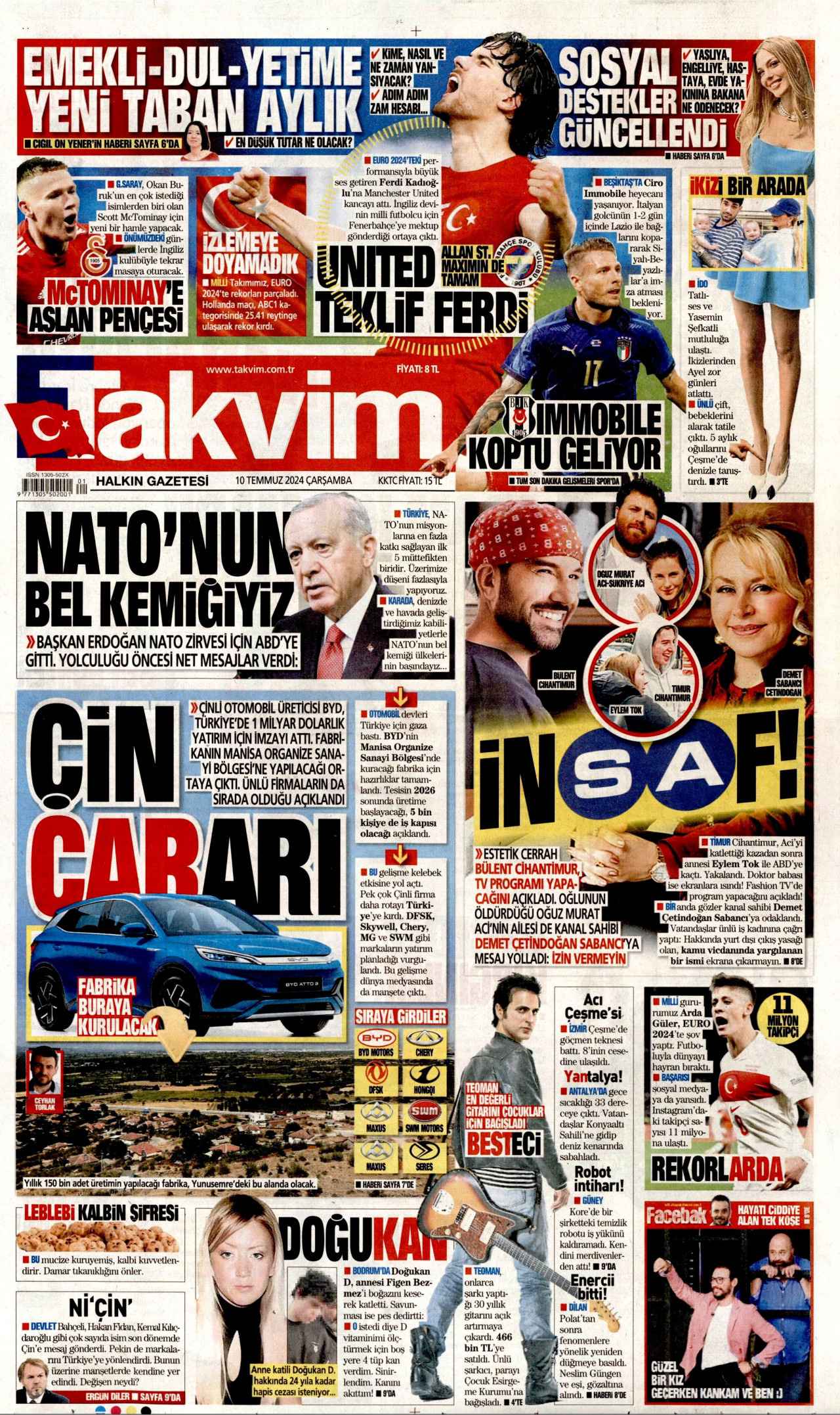 TAKVİM gazetesinin 10 Temmuz 2024 tarihli birinci sayfası